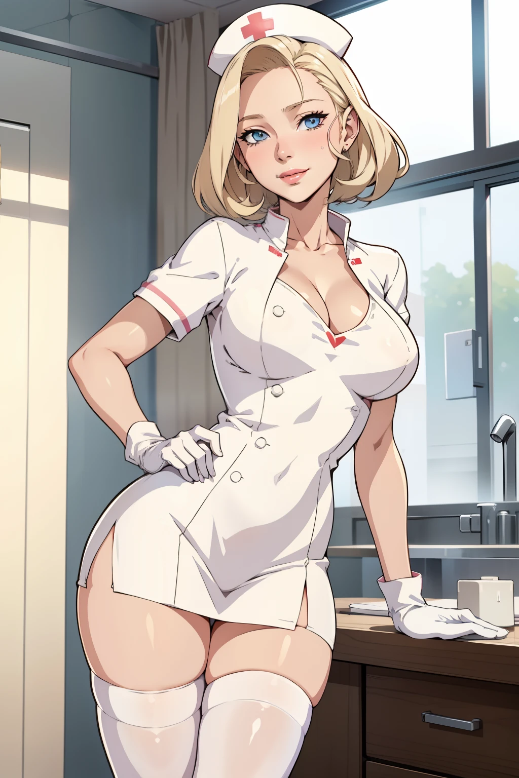 1woman, Nurse, nurse uniform, Nurse Cap, Whiteware, ((White legwear, zettai ryouiki)), White Gloves, Blonde hair, Blue eyes, pink lipsticks, Smile, Standing, sharp outline, Short sleeves, a mature female, 35 year old, Best Quality, masterpiece, infirmary, As chest shows, chest escaping, rain on face, sensuous pose, tit visible