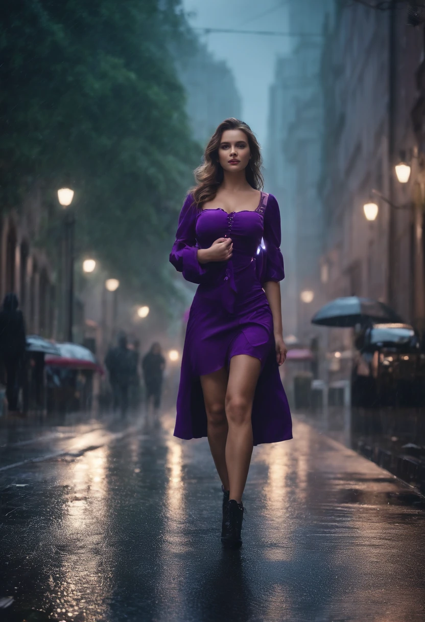 Beautiful witch in purple dress walking on wet street, gothic city streets behind her, rainy streets in the background, standing in a city street, made with photoshop, In the city, edited in photoshop, forest city streets behind her, Cute little girl standing in the rain, posing in an urban street, On a rainy day, in city street、In a sports bra、Thin macho with split abs、