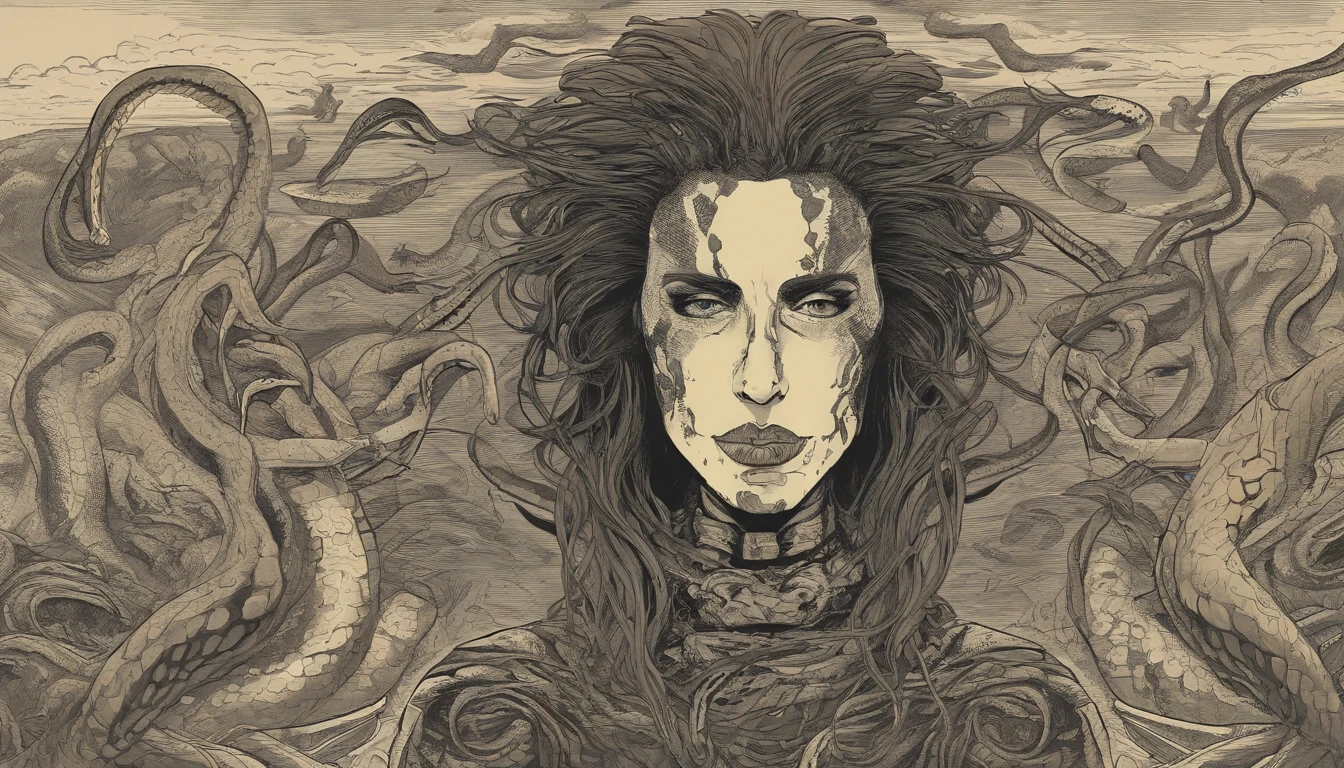 Medusa, northern lights, snake lightning, snakes to the heavens, hand drawn ink on paper illustration, double exposure, optical illusion, snake skin dress, full length body, (lamia, gorgon, snake woman hybrid, human upper-body, snake tail lower-body), fullbody, snake-haired, bald, hairless, (face, ornate black metal corpse paint, resembles Grace Jones), (background, pine barrens, entropy, rewilding, magic hour nautical twilight), (art style "Sean Gordon Murphy" comic drawing, splash panel), body drawn in Frederic Delavier musculature anatomical illustration art style, candid, the snake-haired head is covered in snakes that resemble pantera great southern trendkill, silhouette, full length body portrait, (body, Naga, snakefolk), (colors, forest green to earth brown, merge bleak muted deep fiery radiant glowing CMYK hues, (horror, abstract, surreal, body, cosmic), (art style Gerardo Zaffino charcoal), nyctophobia,