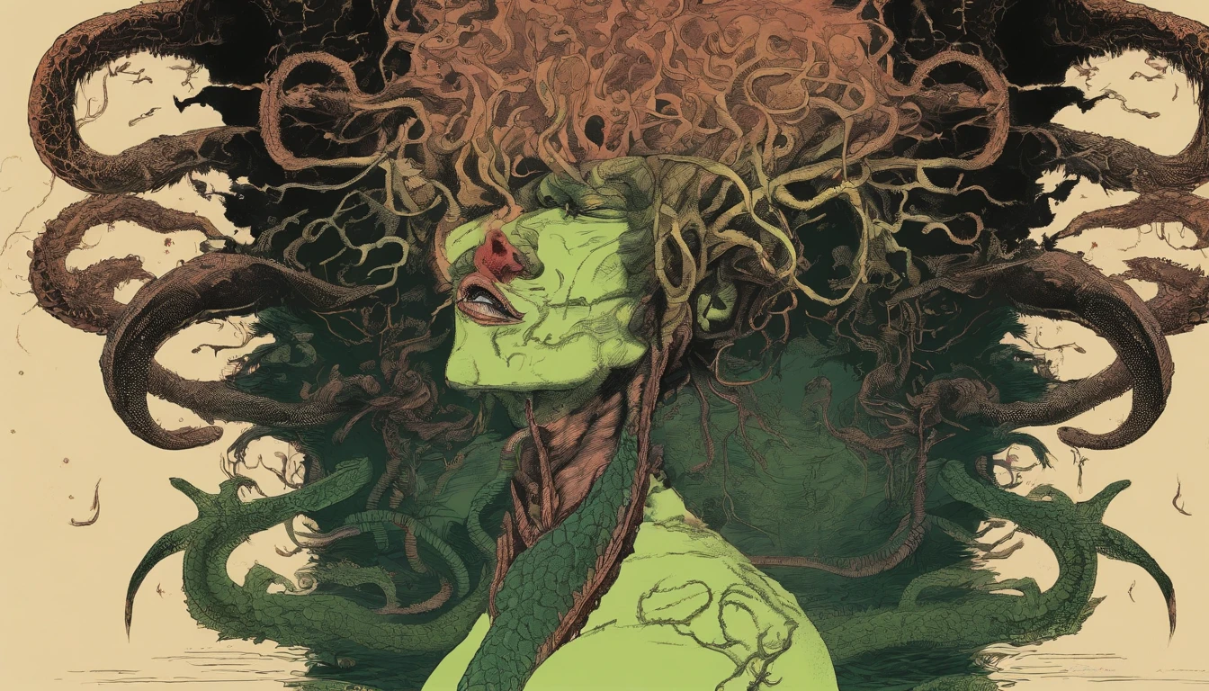 Medusa, northern lights, snake lightning, snakes to the heavens, hand drawn ink on paper illustration, double exposure, optical illusion, snake skin dress, full length body, (lamia, gorgon, snake woman hybrid, human upper-body, snake tail lower-body), fullbody, snake-haired, bald, hairless, (face, ornate black metal corpse paint, resembles Grace Jones), (background, pine barrens, entropy, rewilding, magic hour nautical twilight), (art style "Sean Gordon Murphy" comic drawing, splash panel), body drawn in Frederic Delavier musculature anatomical illustration art style, candid, the snake-haired head is covered in snakes that resemble pantera great southern trendkill, silhouette, full length body portrait, (body, Naga, snakefolk), (colors, forest green to earth brown, merge bleak muted deep fiery radiant glowing CMYK hues, (horror, abstract, surreal, body, cosmic), (art style Gerardo Zaffino charcoal), nyctophobia,