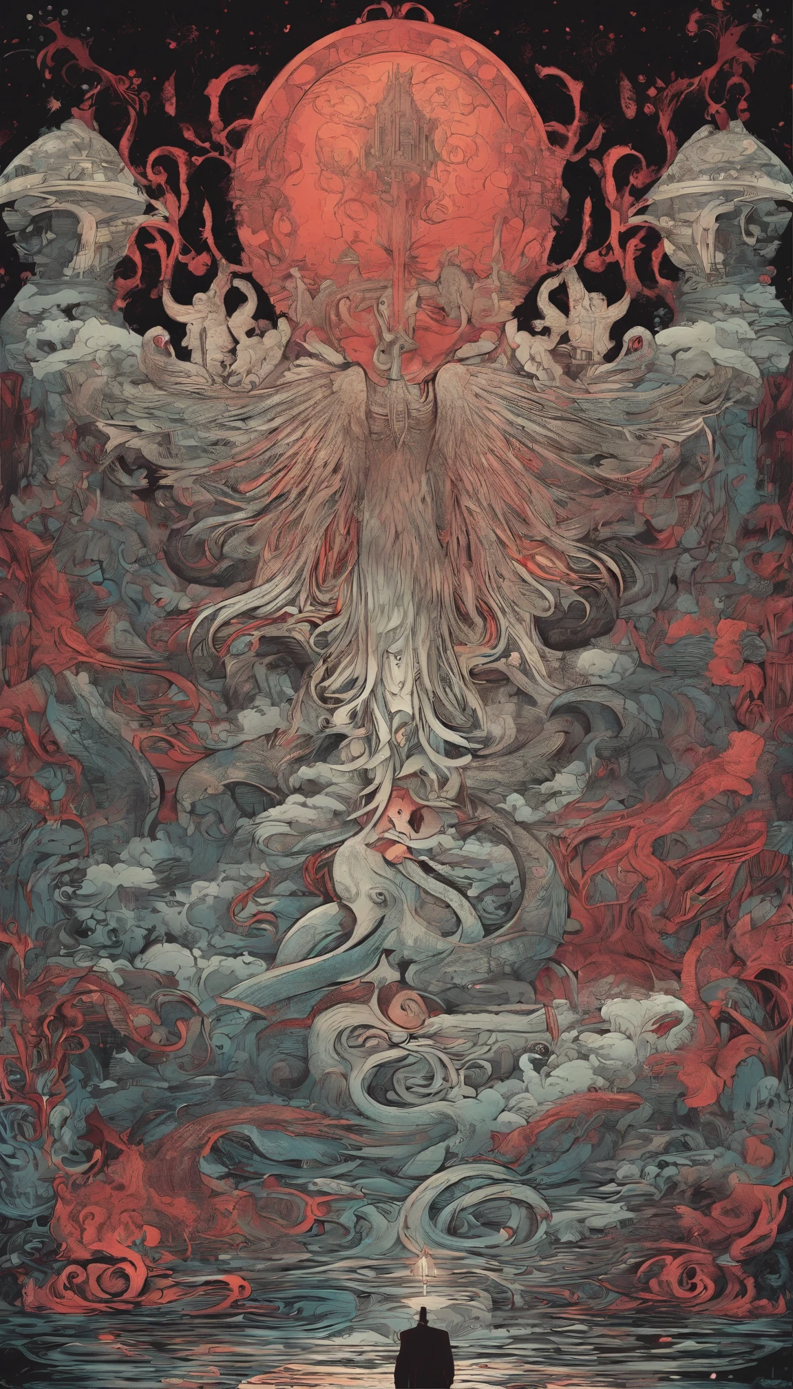 From the depths he emerges, devil, 
The Cthulhu's Parade in crimson hues.
Whispers of the otherworldly echo,
A festival where madness and beauty fuse.

In the night sky adorned with abyssal splendor,
Feathers stained with blood dance and soar.
Entwined by threads of fate,
The deranged revel in ecstasy's roar.

Oh mighty Cthulhu, ruler of the depths,
In our pursuit of desires so forlorn,
We embark on a path of madness and despair,
Guided by the disciples of the one we adorn.

On the grand boulevard, grotesque forms stride,
Where terror and beauty intertwine.
In the realm betwixt dreams and nightmares,
We surrender ourselves to euphoria's shrine.

Praise his name, the great Cthulhu,
Monarch of the abyss, the wellspring of our insanity.
In this eternal procession's stage,
We celebrate the coming of the world's calamity.