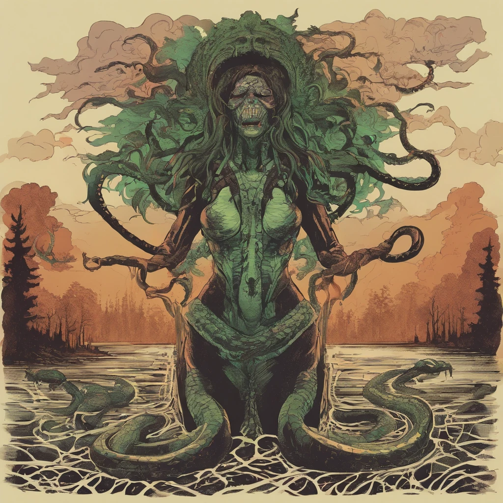 Medusa, northern lights, snake lightning, snakes to the heavens, hand drawn ink on paper illustration, double exposure, optical illusion, snake skin dress, full length body, (lamia, gorgon, snake woman hybrid, human upper-body, snake tail lower-body), fullbody, snake-haired, bald, hairless, (face, ornate black metal corpse paint, resembles Grace Jones), (background, pine barrens, entropy, rewilding, magic hour nautical twilight), (art style "Sean Gordon Murphy" comic drawing, splash panel), body drawn in Frederic Delavier musculature anatomical illustration art style, candid, the snake-haired head is covered in snakes that resemble pantera great southern trendkill, silhouette, full length body portrait, (body, Naga, snakefolk), (colors, forest green to earth brown, merge bleak muted deep fiery radiant glowing CMYK hues, (horror, abstract, surreal, body, cosmic), (art style Gerardo Zaffino charcoal), nyctophobia,