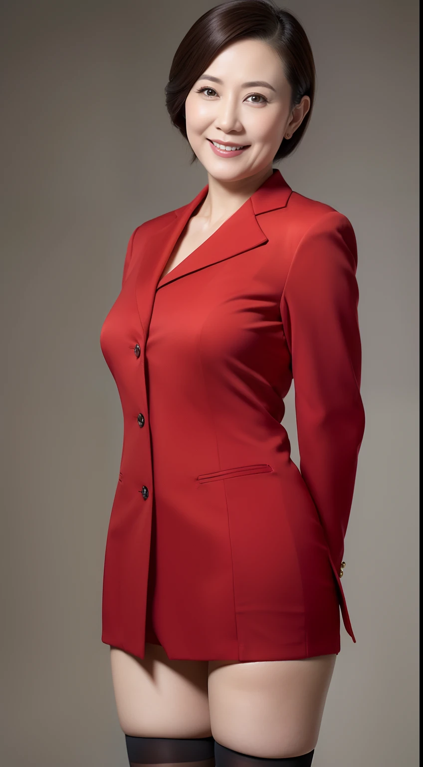 Masterpiece,Best quality, (maam. clerk:1), ((Portrait:1.3)), Cross arms, Smile,Red professional attire,Long legs,skin hyper-detail,Clear pores,in a panoramic view,Cocked buttocks,black lence stockings,Beautiful young Japanese woman over 40 years old, Perfect face, Fantastic look, (Detailed facial features), Clean and nice face