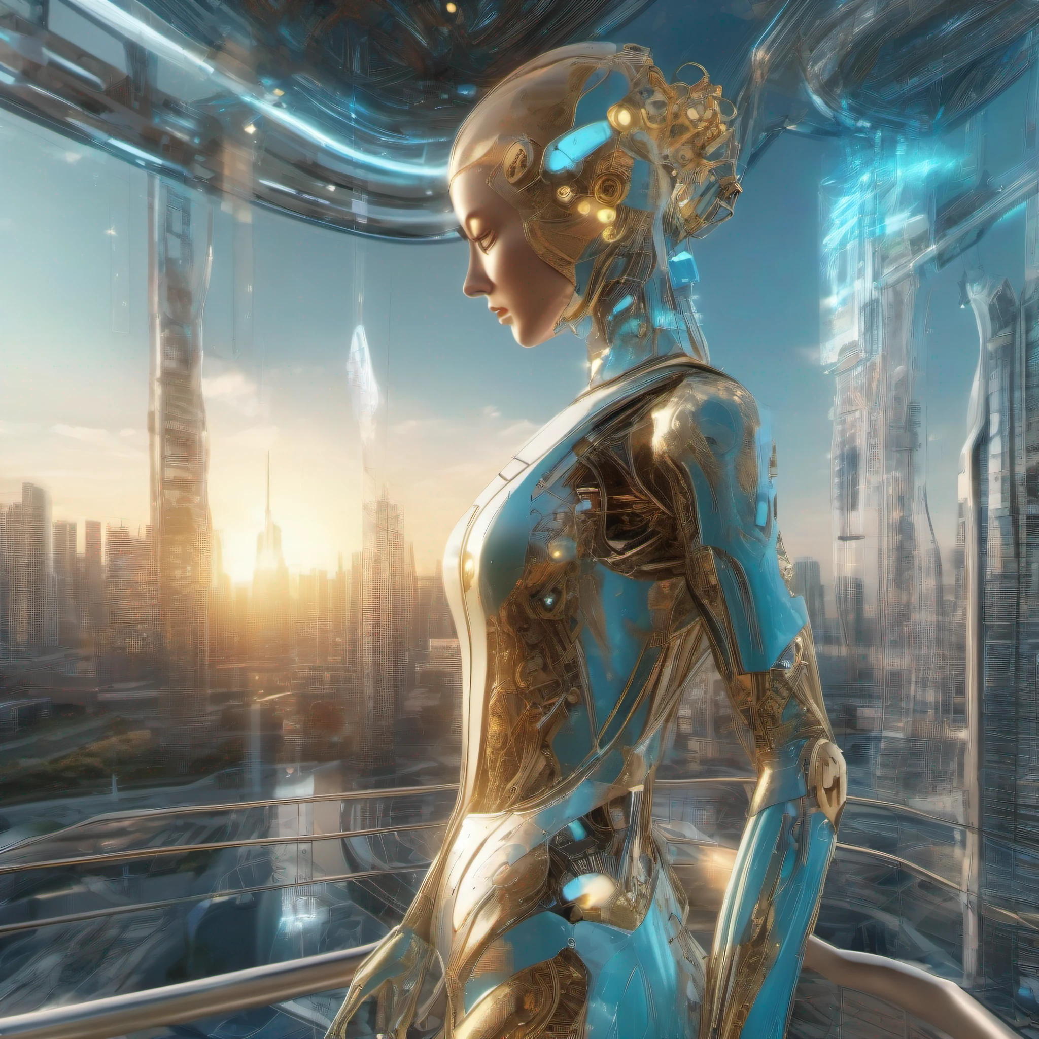 A robotic person, in cyan and chrome, head plate made of transparent smooth material, intricate pipes wires and other hi tech gadgetry, blinking diodes visible, walking along side a beautiful female in futuristic body hugging dress, golden hair swaying in breeze, in the background of a highly futuristic city scape with gleaming sky scrappers, distant flying cars visible. Bright sunny day. Highly professional photography, realistic photo. HDR, UHD 32k. --AR 16:9, --v 5.2