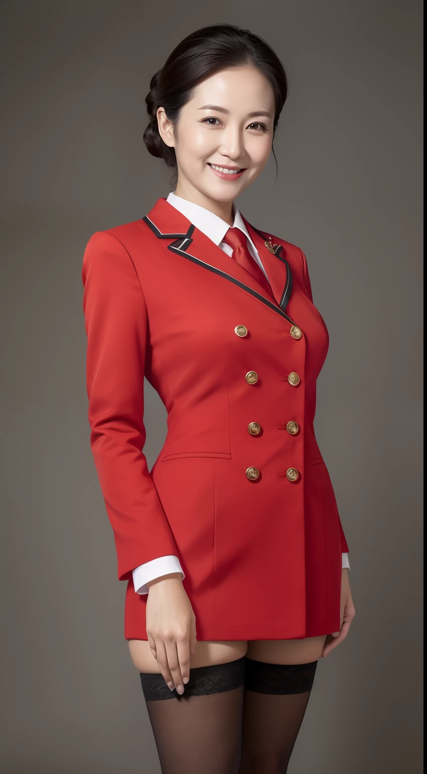 Masterpiece,Best quality, (maam. clerk:1), ((Portrait:1.3)), Cross arms, Smile,Red professional attire,Long legs,skin hyper-detail,Clear pores,in a panoramic view,Cocked buttocks,black lence stockings,Beautiful young Japanese woman over 40 years old, Perfect face, Fantastic look, (Detailed facial features), Clean and nice face