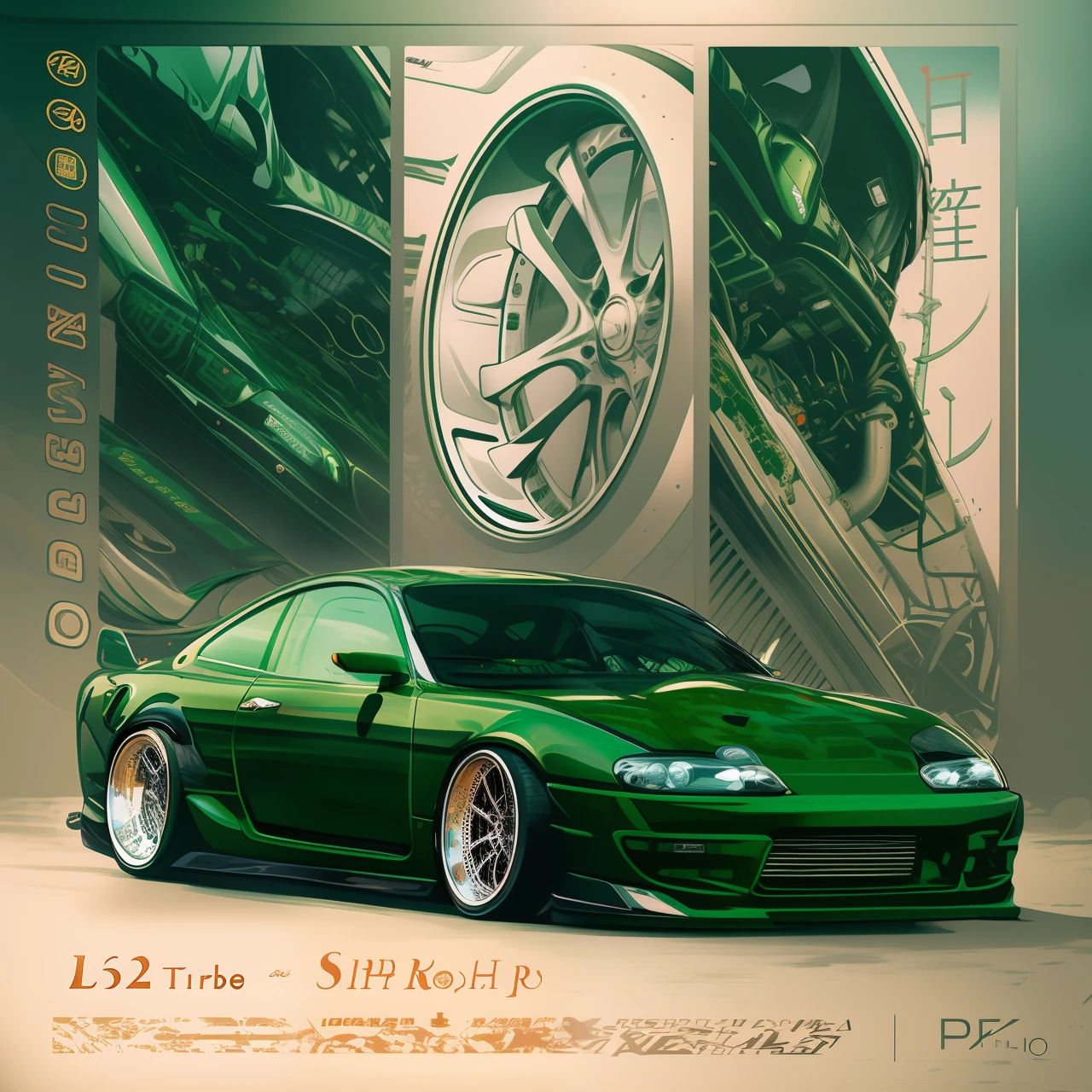 a close up of a green car with a hood up and a engine, automotive design art, official print, japanese drift car, rob rey and kentaro miura style, kentaro miura art, highly detailed vector art, kentaro miura style, striking detailed artstyle, hiroyuki takahashi color scheme, japanese inspired poster, wide body, artwork