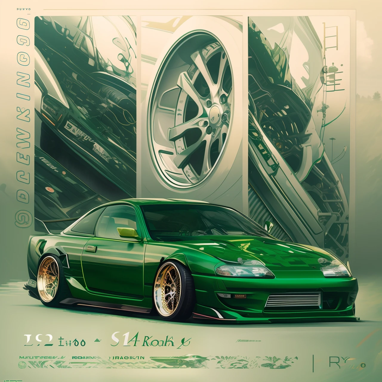 a close up of a green car with a hood up and a engine, automotive design art, official print, japanese drift car, rob rey and kentaro miura style, kentaro miura art, highly detailed vector art, kentaro miura style, striking detailed artstyle, hiroyuki takahashi color scheme, japanese inspired poster, wide body, artwork