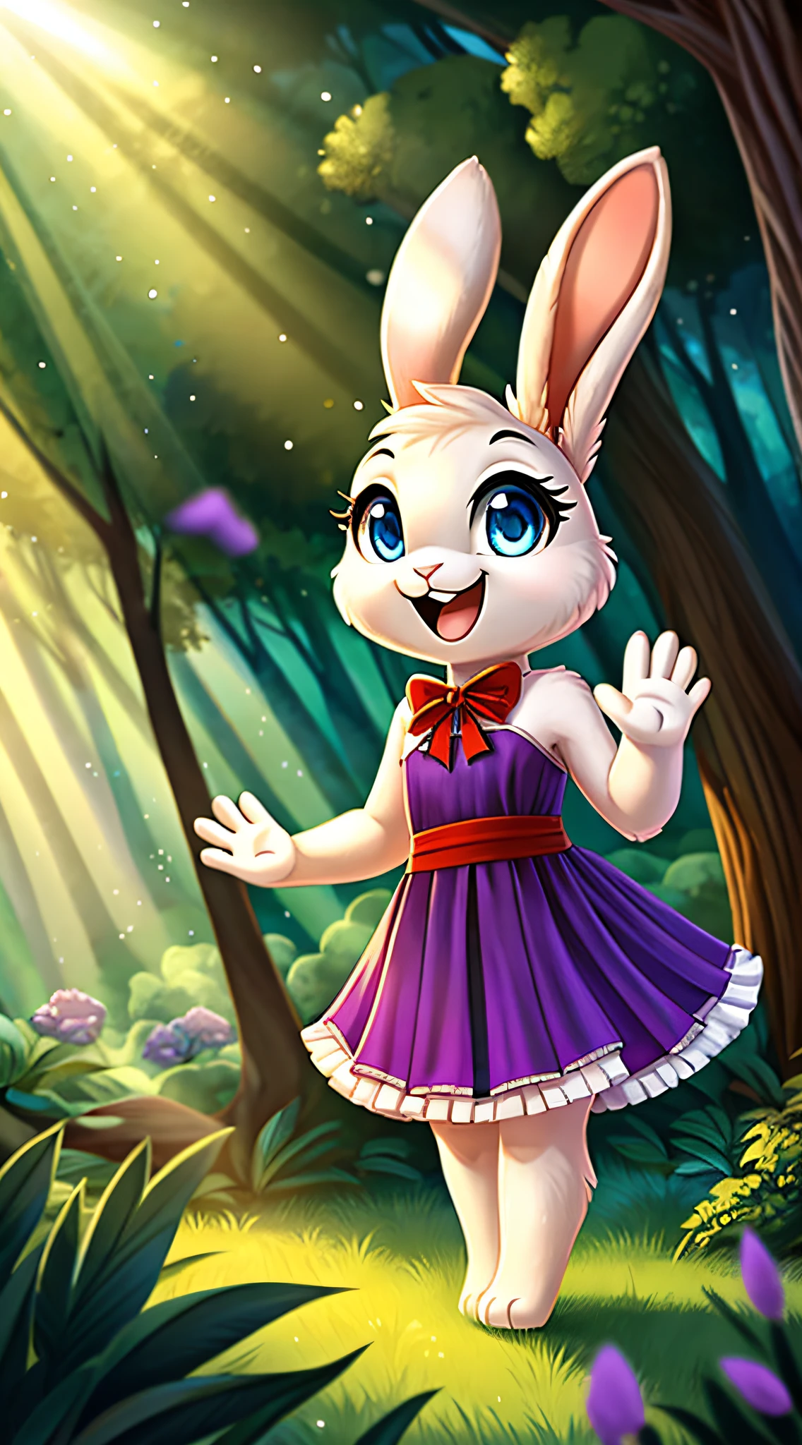 zoomed out image, fantasy style art, cute, adorable, short character, small, tiny little fluffy female white bunny with blue eyes, 4 ears, 2 extra ears, big floppy ears, long ears, ears perked up, raised ears, long eyelashes, poofy rabbit tail, wearing a red frilly ribbon dress, smiling, standing in a forest, big expressive smile, waving hello, one hand raised, one hand down, excited pose, happy to see you, open mouth, wide eyes, excited eyes, excited face, stunning visuals, sunlight coming through the trees, purple flowers scattered in the bushes, digital illustration