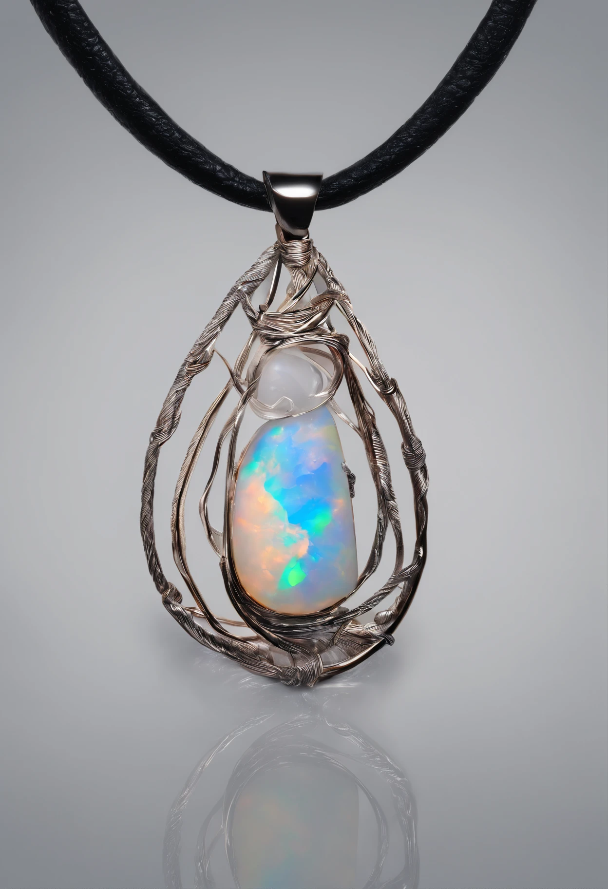 Unique wire-wrapped opal pendant,Black isolation leather cord, Award-winning studio photography, Professional color grading, Soft shadows, no contrast, clean sharp focus, focus stacking, Digital photography, 8K