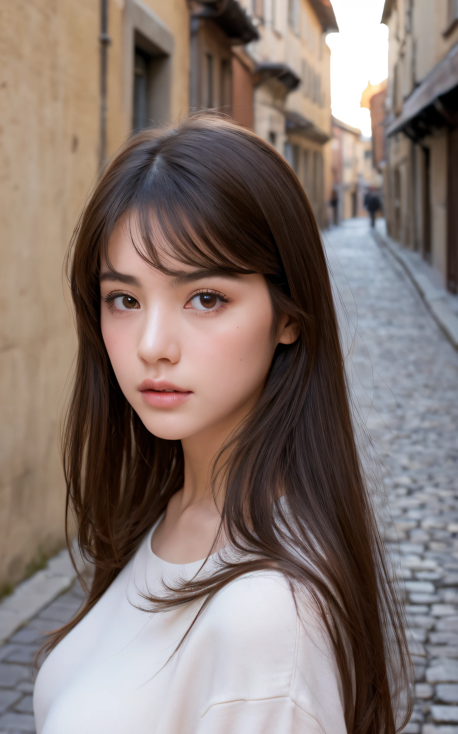 of the highest quality, Realistic, Perfect human body structure, Very detailed, Very delicate and beautiful, Raw photography, Charming European cobblestone streets in a historic town, Professional Lighting, Luminescent, depth of fields, Single focal length, ((Full body)), sad, Brown hair, small head, Big breasts, Baby face, Beautiful eyes, Real Face, Realistic skin, Detailed eyes, (Fashionable hairstyle: 1.3), gravure idol, absurderes、Incredibly Ridiculous res、Extremely fine,