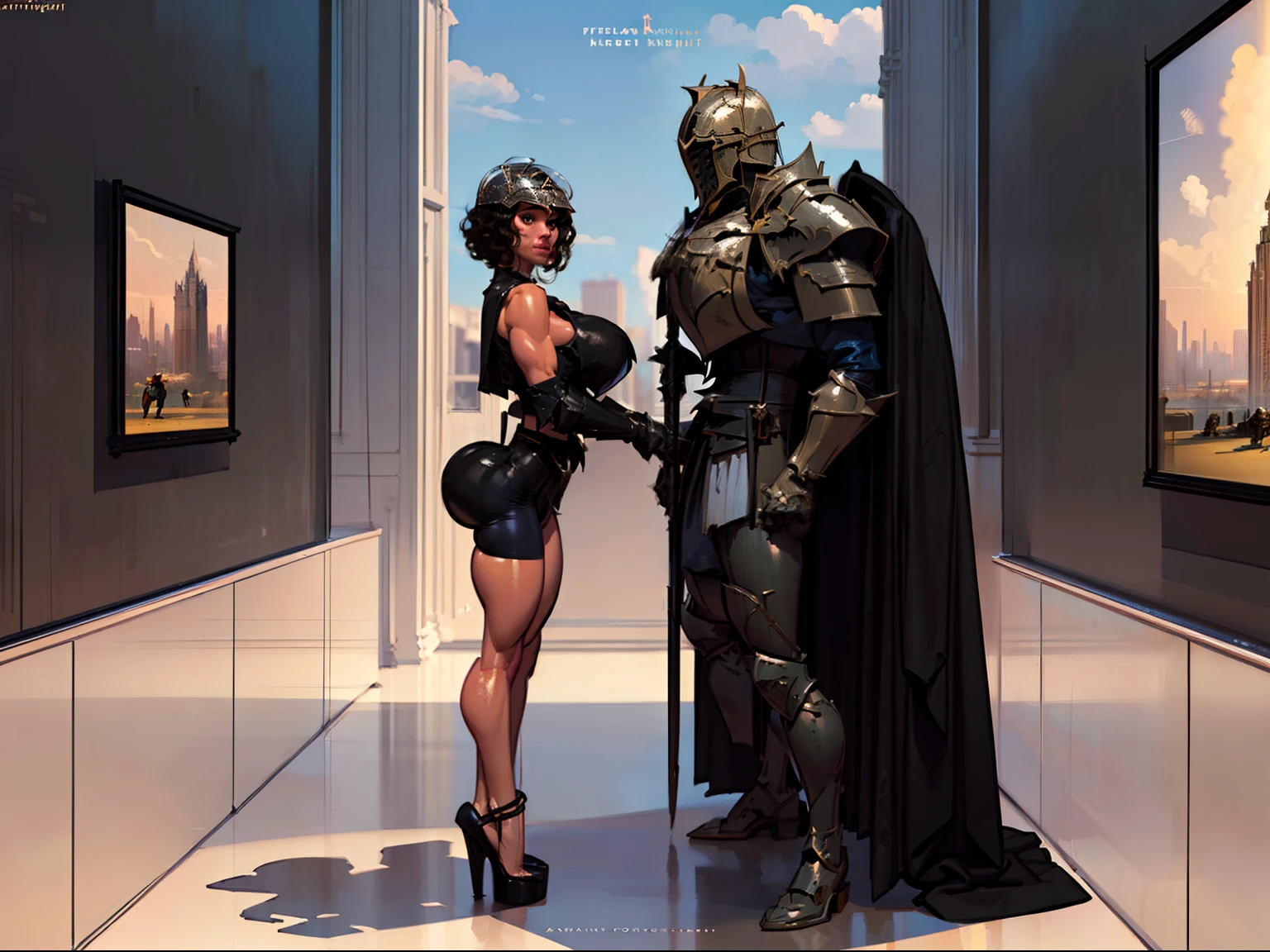 8k, full body view of knights couple, 1man, 1girl, (male knight:1.5), [knight:man:10,20], (large pectorials:1.2), (helmet:1.4), standing straight, looking at viewer, masculine male face, male knight leans by the woman, blonde female knight, (short curly hair:1.6), (gigantic breasts:1.4) (((dark skinned woman (black skin:1.2) (knight:1.5) (no helmet:1.4))) ((side view)), wears silver heels, male knight wears loincloth, steampunk setting, futuristic city outside the windows,highly detailed, majestic, digital photography, art by artgerm and ruan jia and greg rutkowski, (masterpiece, sidelighting, finely detailed beautiful eyes: 1.2)