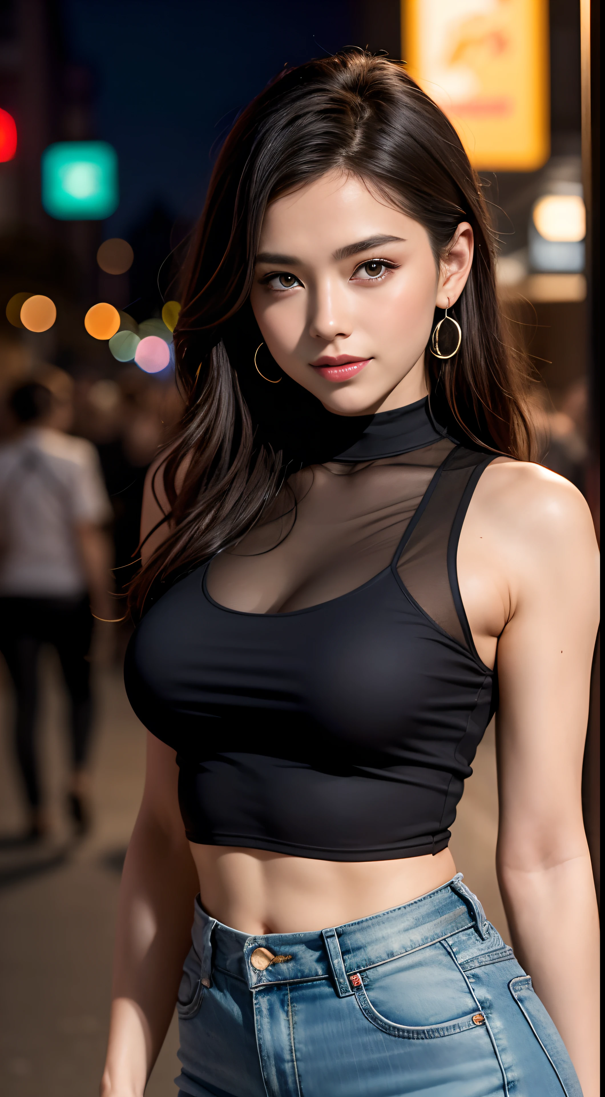 8K, Meisterwerk, RAW-Foto, best quality, fotorealistisch, extrem detailliertes CG Unity 8K Wallpaper, Depth of field, Filmisches Licht, Blendenfleck, raytracing, (extremely beautiful face, beautiful lips, gorgeous eyes), Komplizierte Details Gesicht, ((Ultra-detaillierte Haut)) 1girls, Im Dunkel, tiefer Schatten, pretty asian girl, 1人, (sehr schlanker, schlanker, muscular body:1.3), ((Blick auf den Betrachter)),(Broad smile:1.3), (Fashion City Night, Dunkle Nacht, (Leuchtreklame), (verschwommener Hintergrund), street night),(ohne Menschen im Hintergrund:1.3), beautiful earrings, Armbands, Halskette, Strumpfhose, Klare Augen, (blasse Haut), (largeeyes), Blick nach vorne, ((upper body shot)), (Blick auf den Betrachter:1.3) sehr schlank, mid large breasts, (Ultra-realistisch, Blick auf den Betrachter, kurzer Rock, (hight resolution), (8K), (sehr detailliert), (Braunes Haar, kurzhaarig), (Woman in red short sleeveless blouse, Zeigen Sie den Nabel), (durchsichtige enge Bluse), (schlanke Karosserie), open breasts, Kurzer Seidenrock,