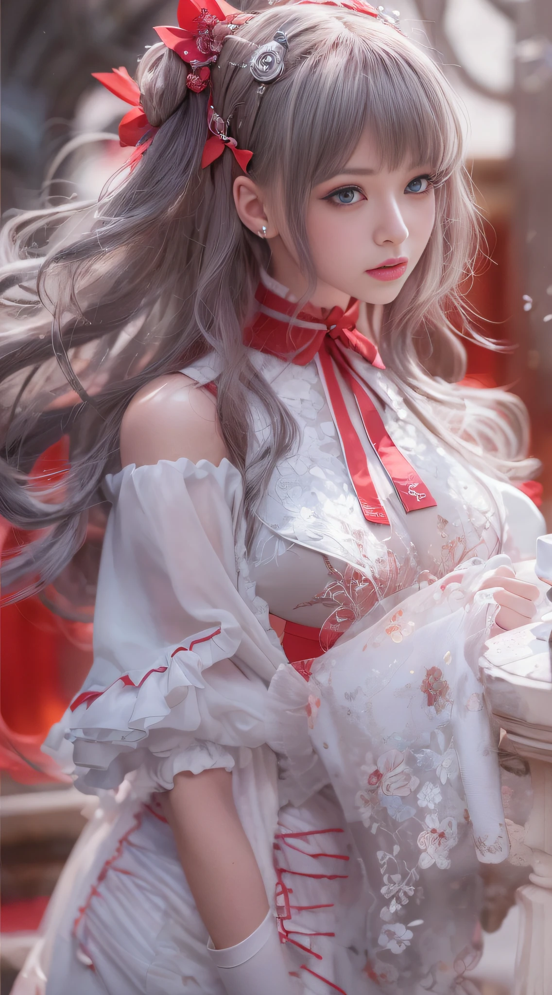 (best qualtiy,4K,8K,hight resolution,masterpiece:1.2),ultra-detailliert,(realist,Photorealista,Photorealista:1.37),sportrait,scienc,Stylish image of woman in white and red Lolita dress, guweiz, High Quality 8K Detail Art, Gwise-inspired artwork, trend in cgstation, Gwaits at ArtStation Pixiv, Gweiz at pixiv Art Station, Gwise's masterpiece, anime goddess, 2. 5 d cgi anime fantasy artwork