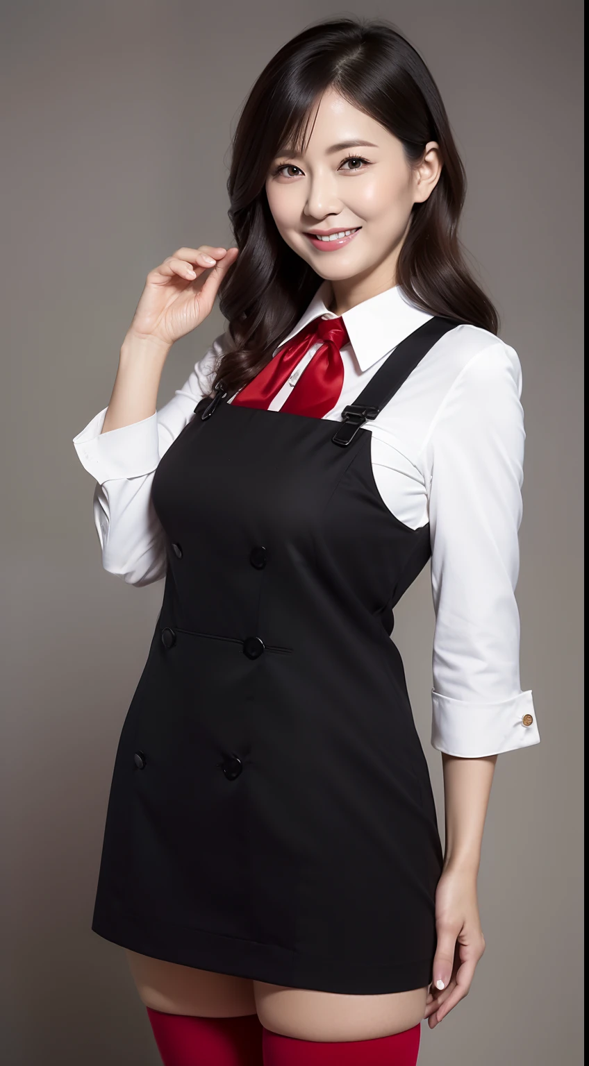 Masterpiece,Best quality, (maam. clerk:1), ((Portrait:1.3)), Cross arms， Smile，Red professional attire，Long legs，skin hyper-detail，Clear pores，in a panoramic view，Cocked buttocks，black lence stockings，Beautiful young Japanese woman over 40 years old,  Perfect face, Fantastic look,  (Detailed facial features),  Clean and nice face