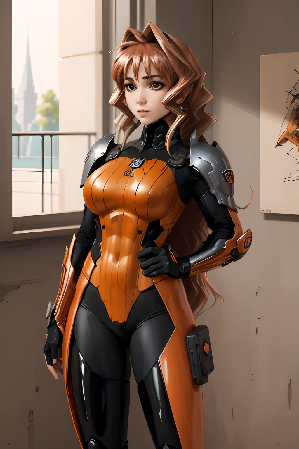 Deahtstroke, ravenger, disfraz de Deathstroke, Un dibujo de una mujer con un traje negro y naranja sosteniendo una espada, Pose ruda, limpiar cel sombreado, celda sombreada!!!, Asesina de Mujer Rouge, Lineart y color limpios, Boceto coloreado de alta calidad, great character design, Asesina, naranja y negro, coloreado digitalmente, cel sombreado!!!