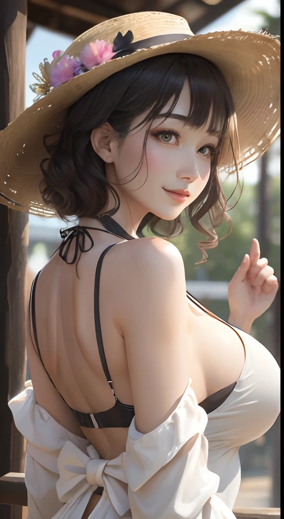 masutepiece, Best Quality、Realistic, ( Intricate details, depth of fields)、Hyper-Realism, 8K, Best Quality, Super Detail, retinas, ighly detailed, Perfect face, Perfect body, Huge breasts, Constriction, Very big ass, Glamour, natural soft light, hair wavy、Shorthair、prety woman,A dark-haired、goddess of Japan、 the perfect appearance, Smile, ta, Oily skin、shinny skin, baretop((blanche))((Shoulder out))、T back、workplace、natural soft light, Anatomically correct((Full Body including thighs))a picture、Skin Texture、mare、
Imagine standing in line at an amusement park attraction in the daytime、Try to make an expression that you are looking forward to。Raise your hand with a bag or hat upwards、Show off your excitement。