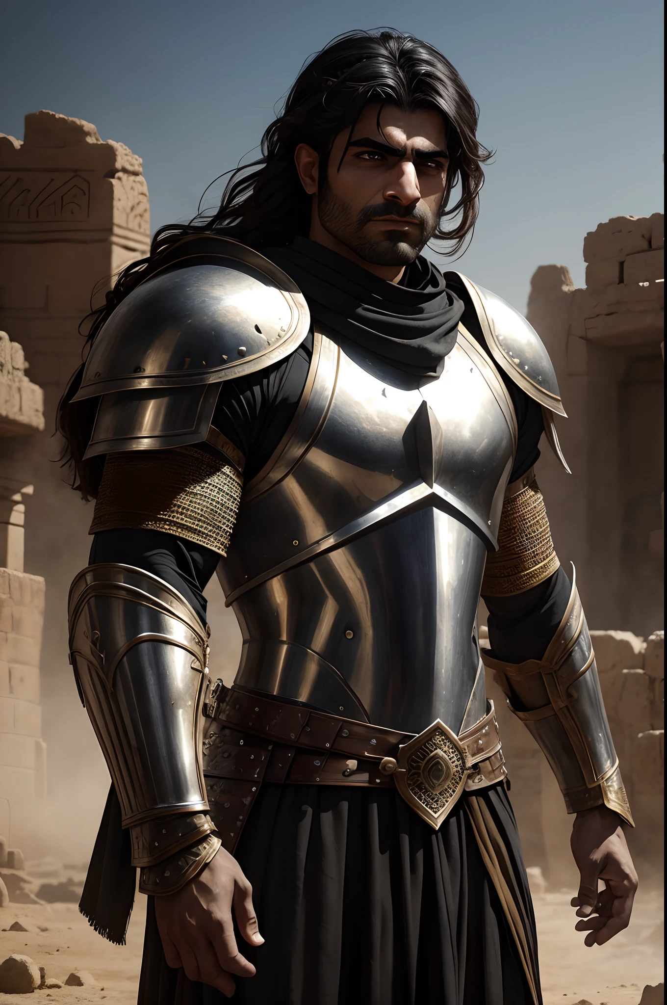 Persian warrior, lamellar armor, battlefield background, determined expression, dusty atmosphere, sweat dripping, strong muscular build, confident stance, sunlit surroundings, ancient Persian empire, dusty terrain, dramatic lighting, detailed face, heroic figure, legendary hero, handsome