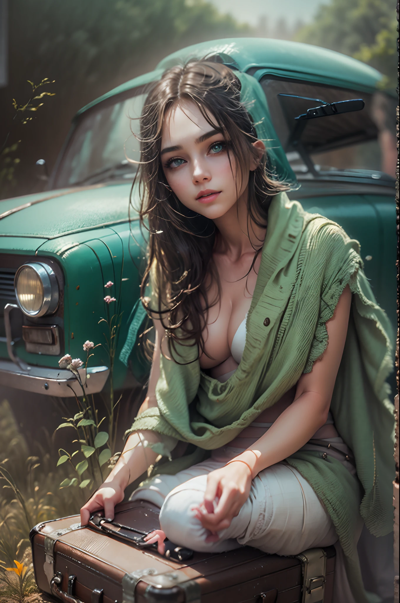 Different mood busty american with large eyes woman large eyes with very two long hair, showing clevage, clutched in milk green towel, Digital art, by IrinaKapi.  in trampled shoes is sitting on an old suitcase on the side of the road, light fog. Withered flowers.light smile, clin skinomy, illustrative, painterly, detailed, UHD drawing, pen and ink, perfect composition, beautiful detailed intricate insanely detailed octane render trending on artstation, 8k artistic photography, photorealistic concept art, soft natural, all in one frame
