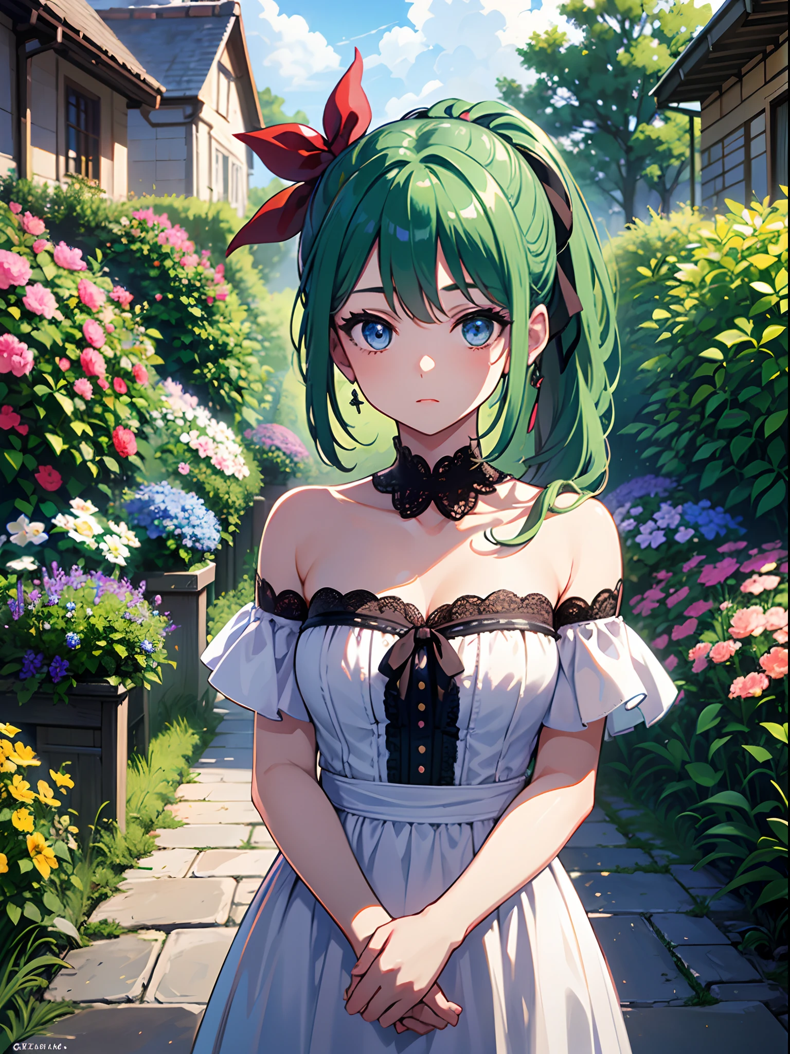 1girl ,green eyes,green hair,short maid dress ,pale skin,(high resolution, high detail, best quality),
open mouth,smile,happy, blushes, gluttonous, medium breasts