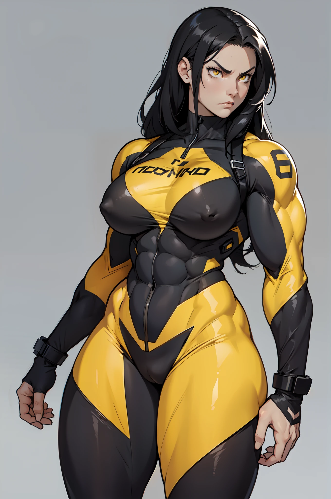 ((grey background)), solo, ((((1 girl)))), very long hair, black hair, angry, yellow eyes, (((((muscular))))), (huge tits), (thick thighs), (wide hips), pale skin, standing, slick hair, (bodysuit)