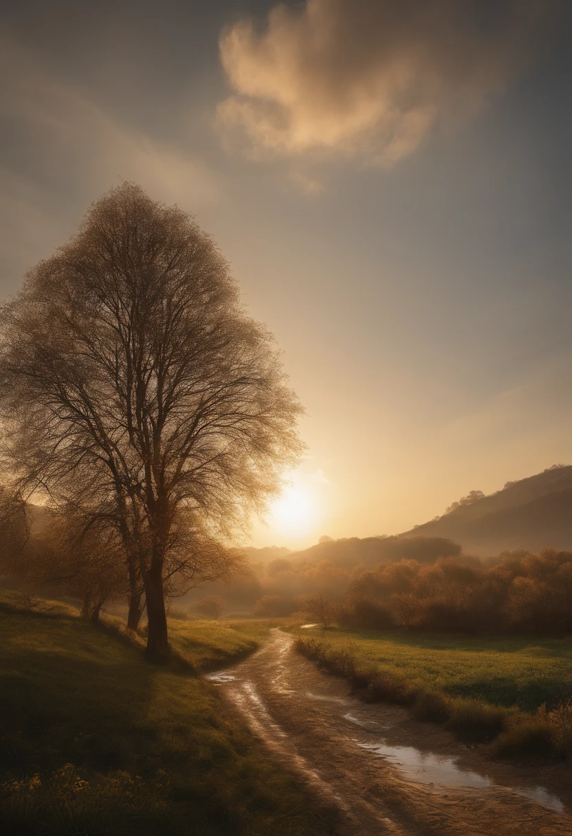 rural landscape, The girl wanders in the mud, suns rays, distant,{{ Perfect proportions for facial features}},{{Masterpiece}}, {{{Best quality}}},{{Ultra-detailed}}, {{illustration}},{{Masterpiece}},{{{Best quality}}},{{Ultra-detailed}}, {{{illustration}}},Clear facial features,Beautiful scene,Photorealism,Realism,Photorealistic,High detail,hyper qualit,high resolution,trending on artstationh,hyper photorealism,HD,16k,illusory engine,rendered on octane,corona rendered,Tilt-Shift,Bottom view,Rembrandt lighting,