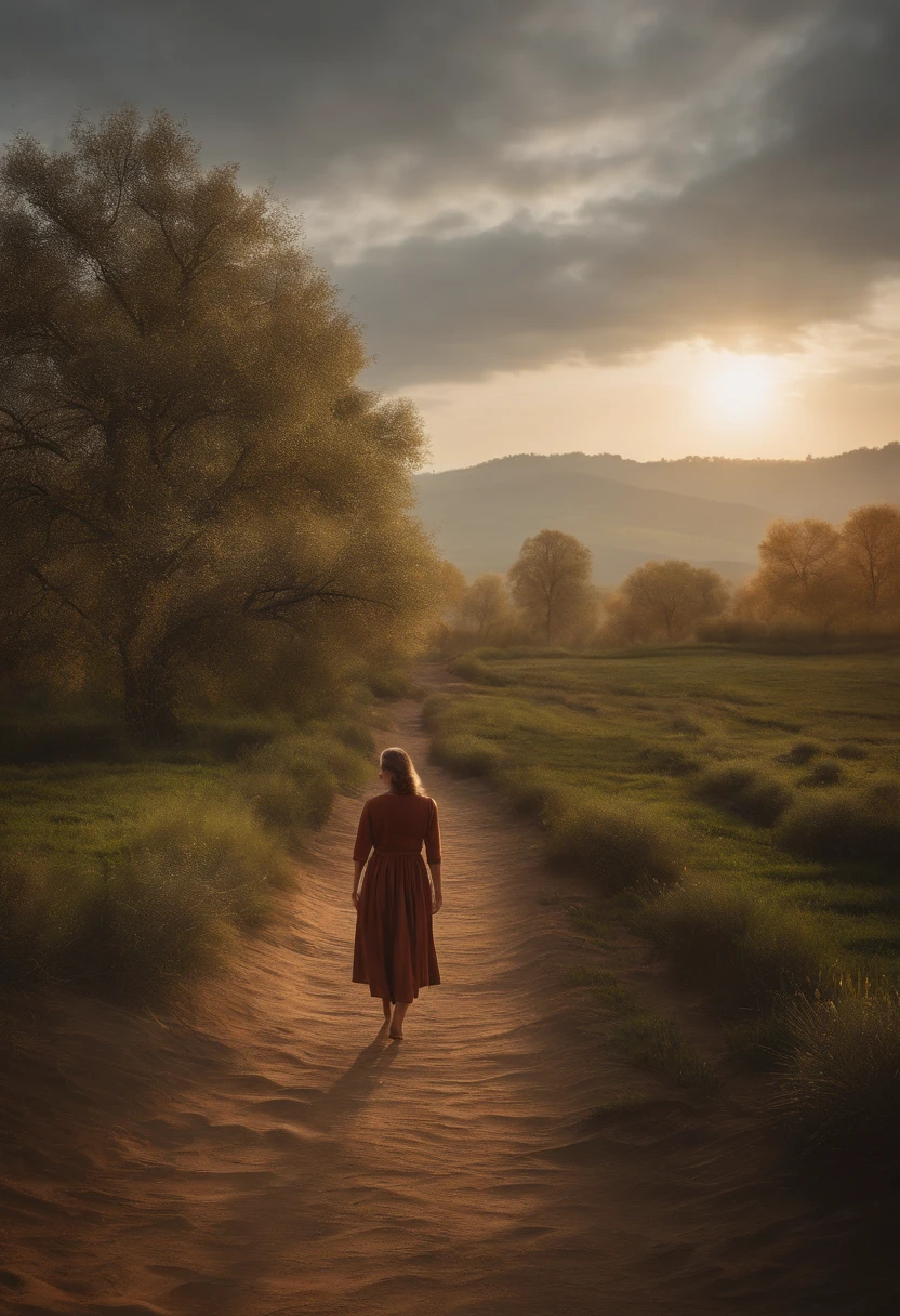 rural landscape, The girl wanders in the mud, suns rays, distant,{{ Perfect proportions for facial features}},{{Masterpiece}}, {{{Best quality}}},{{Ultra-detailed}}, {{illustration}},{{Masterpiece}},{{{Best quality}}},{{Ultra-detailed}}, {{{illustration}}},Clear facial features,Beautiful scene,Photorealism,Realism,Photorealistic,High detail,hyper qualit,high resolution,trending on artstationh,hyper photorealism,HD,16k,illusory engine,rendered on octane,corona rendered,Tilt-Shift,Bottom view,Rembrandt lighting,