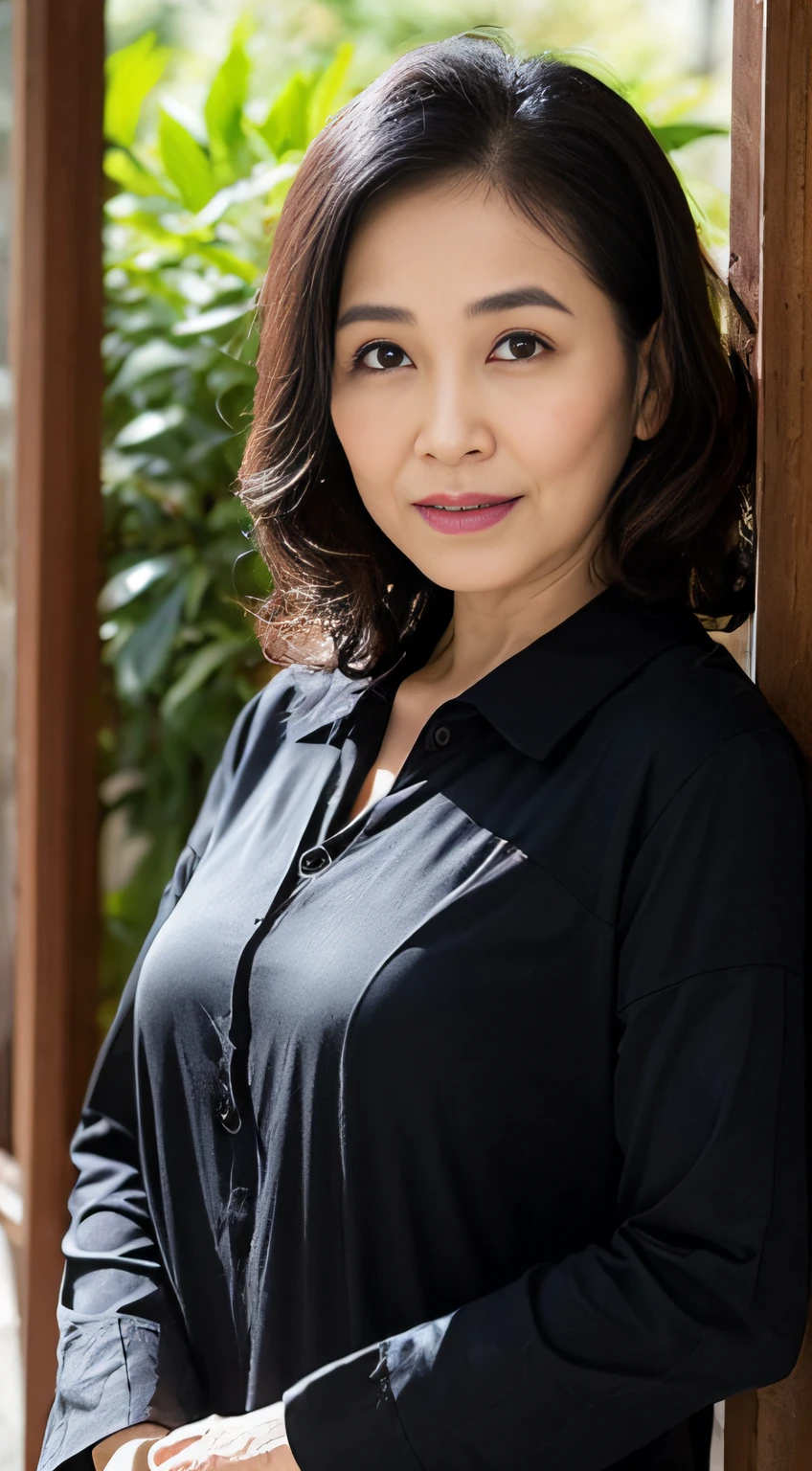 ((Best quality, 8K, Masterpiece, Portrait: 1.3)), (View viewers), Photorealism, Sharp focus, Solo, The Moro Islamic Liberation Front of Japan, Beauty,Wavy hair, Wrinkles at the corners of the eyes, to emphasize,Full body photo，Big breasts:1.3,，30 years old, curlies, Wrinkled eyes, Elegant black shirt，