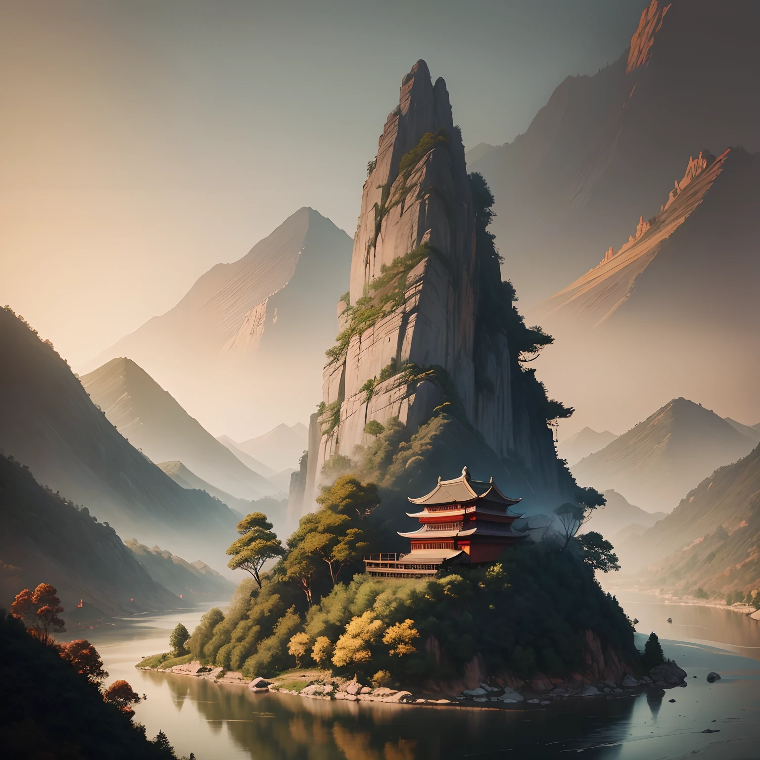 A mountain painting with a river and a village, Chinese painting style, inspired by Huang Binhong, Traditional Chinese Ink Painting, Chinese ink painting, Traditional Chinese painting, Traditional Chinese art, inspired by Zhang Shunzi, Chinese landscape, China ink painting, Chinese painting, inspired by Wang Shishen, inspired by Chang Dai-chien