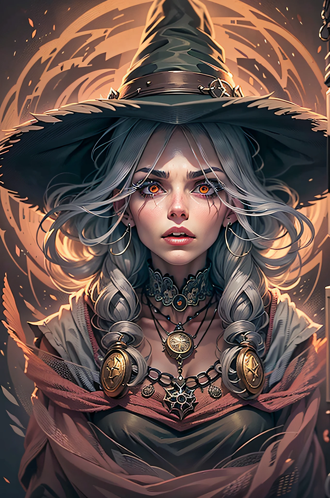 draw ((Symmetrical image of a witch girl)), in a big witch's hat, With an evil look, Amulet around the neck, beautiful breasts,