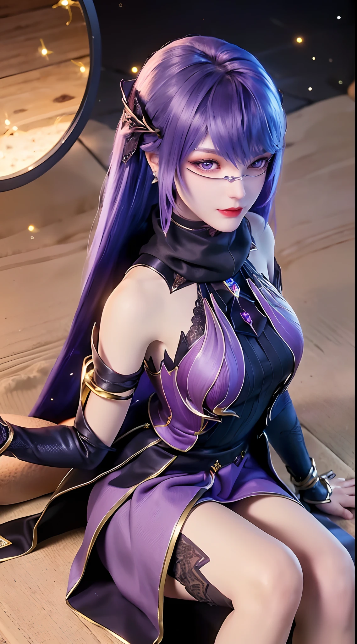 1 beautiful and sexy 20 year old girl, ((wearing a super purlpe dress:1.6)), ((a dress with diamonds:1.7)), ((long purple hair:1.6)), jewelry elaborately made from precious stones and beautiful hair, ((A thin red silk scarf covers half of the face:1.5)), (((wearing a thin light purple silk mask:1.5))), the noble, noble style of an extremely beautiful girl, her small face is super cute, her face is very pretty, thin eyebrows, flawless beautiful face, ((black eye pupils: 0.8)), very beautiful eyes, ((purple eyes: 1.6)), (((big round eyes:1.6))), nice makeup and hair detailed eyelashes, steamy eye makeup, high nose, earrings, red lips, ((closed mouth: 1.5)) beautiful lips, slim hands, most beautiful thighs, ((arms spread out to the sides: 1.5)), rosy face, clean face, flawless beautiful face, smooth white skin, (big breasts: 1.5)), ((high breasts: 1.6)), tight breasts, beautiful cleavage, (((big breasts and super round: 1.8))), ((super tight breasts: 1.7)) , beautiful breasts, perfect body, back arms, chest out, ((thin black mesh stockings with black lace trim:1.5)), ((sitting position with chest up and arms behind: 1.6)), ((open your legs:1.2)), don't be shy, 8k photo, super high quality, super realistic, super 10x pixels, optical, bright studio, bright edges, dual-tone lighting, (high-detail skin:1.2), super 8k, soft lighting, high quality, volumetric lighting, photorealistic, photorealistic high resolution, lighting, best photo, 4k, 8k quality, blur effect, smooth sharp, 10 x pixel, ((Beach at night and fireflies background:1.5)), aurora, lightning, super graphics realistic, most realistic graphics, 1 girl, alone, solo, Extremely sharp image, surreal, (((frontal portrait: 1.5)))."