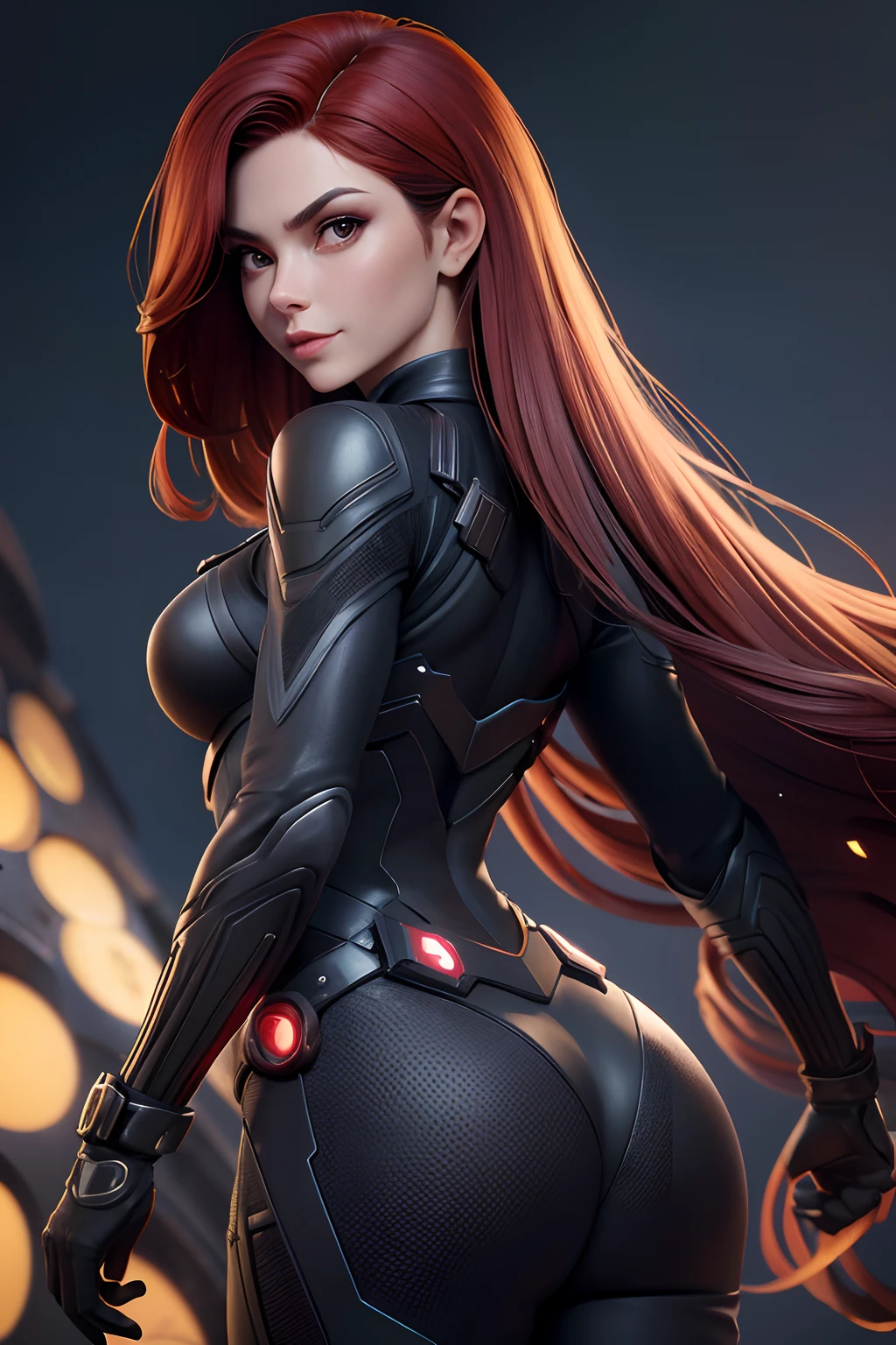 1girl, corpo inteiro:1.1, Natasha Romanoff Black Widow style (Do Universo Marvel)fantasia, medium breasts, on an alien planet, (master part, best quality, textura detalhada da pele, textura de pano detalhada, rosto bonito e detalhado, detalhes intrincados, Ultra Detalhado), cabelos curtos e ondulados ruivos, corpo inteiro, sorrir, randome pose, ((Looking back)), de cima, Canto superior, (best quality, A high resolution, fotorrealista, primitivo, 8k,master part, ),best quality, masterpiec8K.HDR. Costelas altas:1.2, filmgrain, Desfoque Bokeh:1.2, Reflexo da lente, (cores vivas:1.2), (delicado),