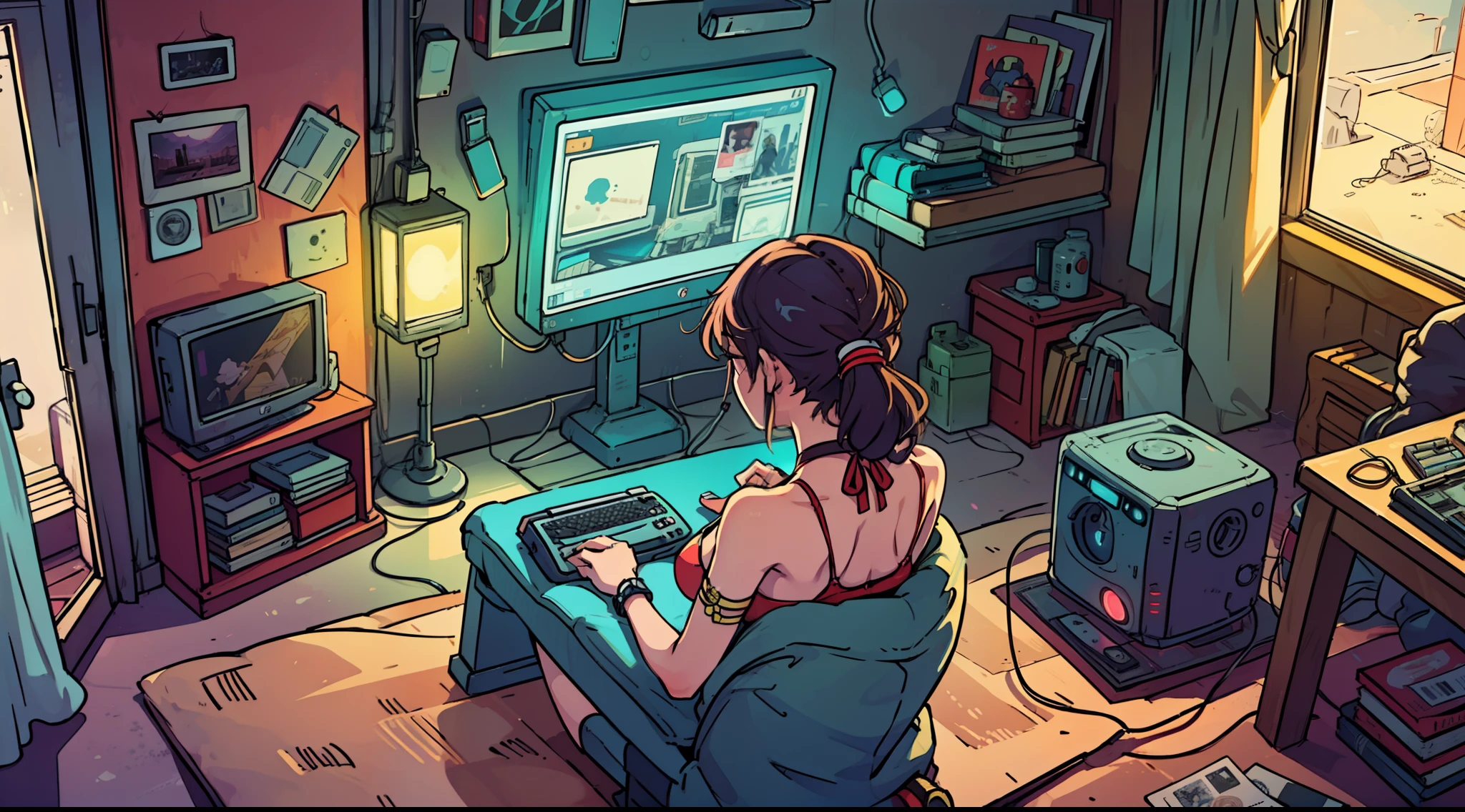 ((best qualtiy)), ((tmasterpiece)), 1girll, Gaming Bedroom, neon light, LED lighting, hacking, Red Room,The bikini