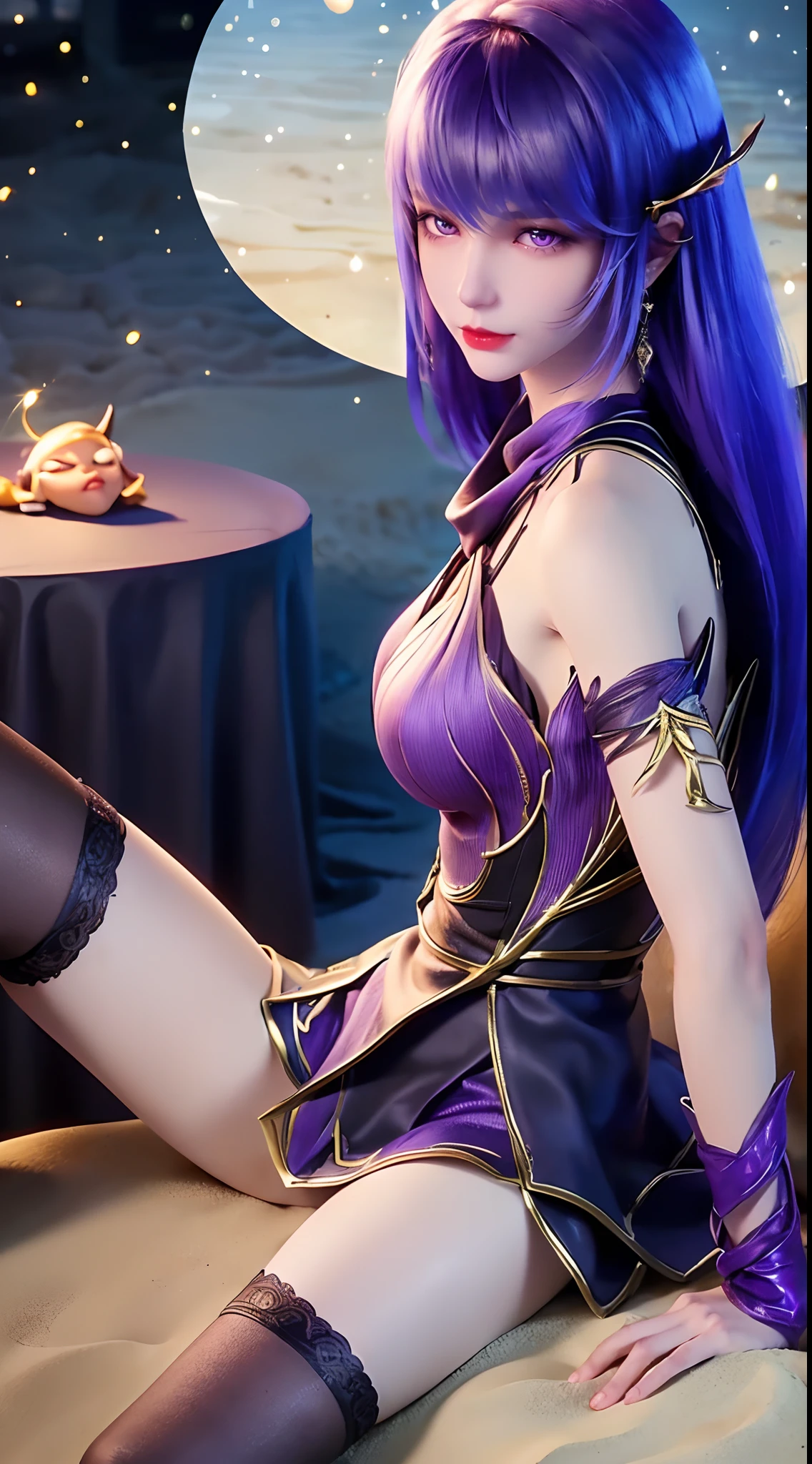 1 beautiful and sexy 20 year old girl, ((wearing a super purlpe dress:1.6)), ((a dress with diamonds:1.7)), ((long purple hair:1.6)), jewelry elaborately made from precious stones and beautiful hair, ((A thin red silk scarf covers half of the face:1.5)), (((wearing a thin light purple silk mask:1.5))), the noble, noble style of an extremely beautiful girl, her small face is super cute, her face is very pretty, thin eyebrows, flawless beautiful face, ((black eye pupils: 0.8)), very beautiful eyes, ((purple eyes: 1.6)), (((big round eyes:1.6))), nice makeup and hair detailed eyelashes, steamy eye makeup, high nose, earrings, red lips, ((closed mouth: 1.5)) beautiful lips, slim hands, most beautiful thighs, ((arms spread out to the sides: 1.5)), rosy face, clean face, flawless beautiful face, smooth white skin, (big breasts: 1.5)), ((high breasts: 1.6)), tight breasts, beautiful cleavage, (((big breasts and super round: 1.8))), ((super tight breasts: 1.7)) , beautiful breasts, perfect body, back arms, chest out, ((thin black mesh stockings with black lace trim:1.5)), ((sitting position with chest up and arms behind: 1.6)), ((open your legs:1.2)), don't be shy, 8k photo, super high quality, super realistic, super 10x pixels, optical, bright studio, bright edges, dual-tone lighting, (high-detail skin:1.2), super 8k, soft lighting, high quality, volumetric lighting, photorealistic, photorealistic high resolution, lighting, best photo, 4k, 8k quality, blur effect, smooth sharp, 10 x pixel, ((Beach at night and fireflies background:1.5)), aurora, lightning, super graphics realistic, most realistic graphics, 1 girl, alone, solo, Extremely sharp image, surreal, (((frontal portrait: 1.5)))."