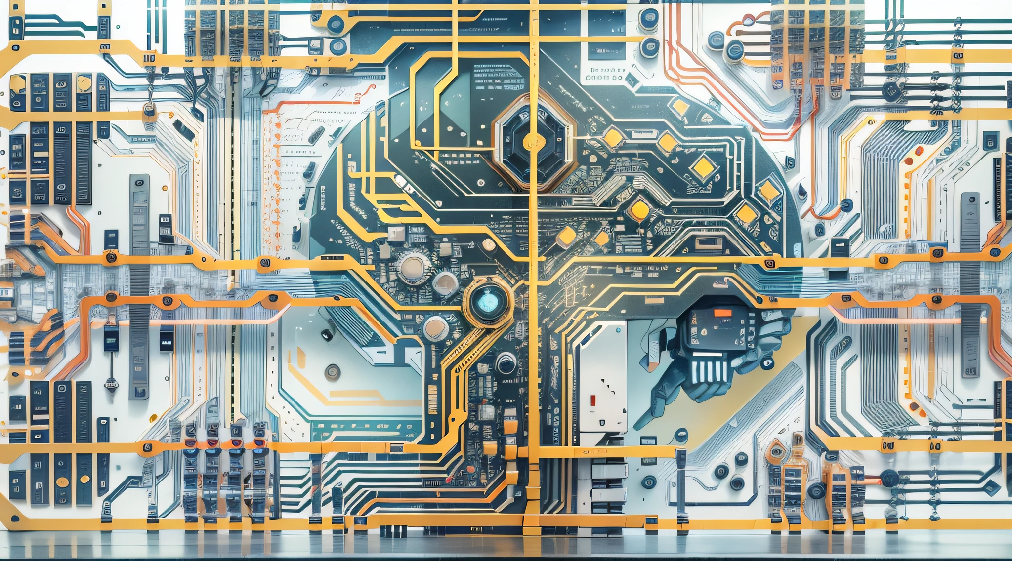 A human brain consisting of a circuit board and a pattern representing AI word processing, sci-fi style,white background,using opaque translucent and transparent structures, clear layers between structures,volumetric light, rich details, organic connection of components, rich colors,(Graphic illustration, geometric shapes, close-ups)