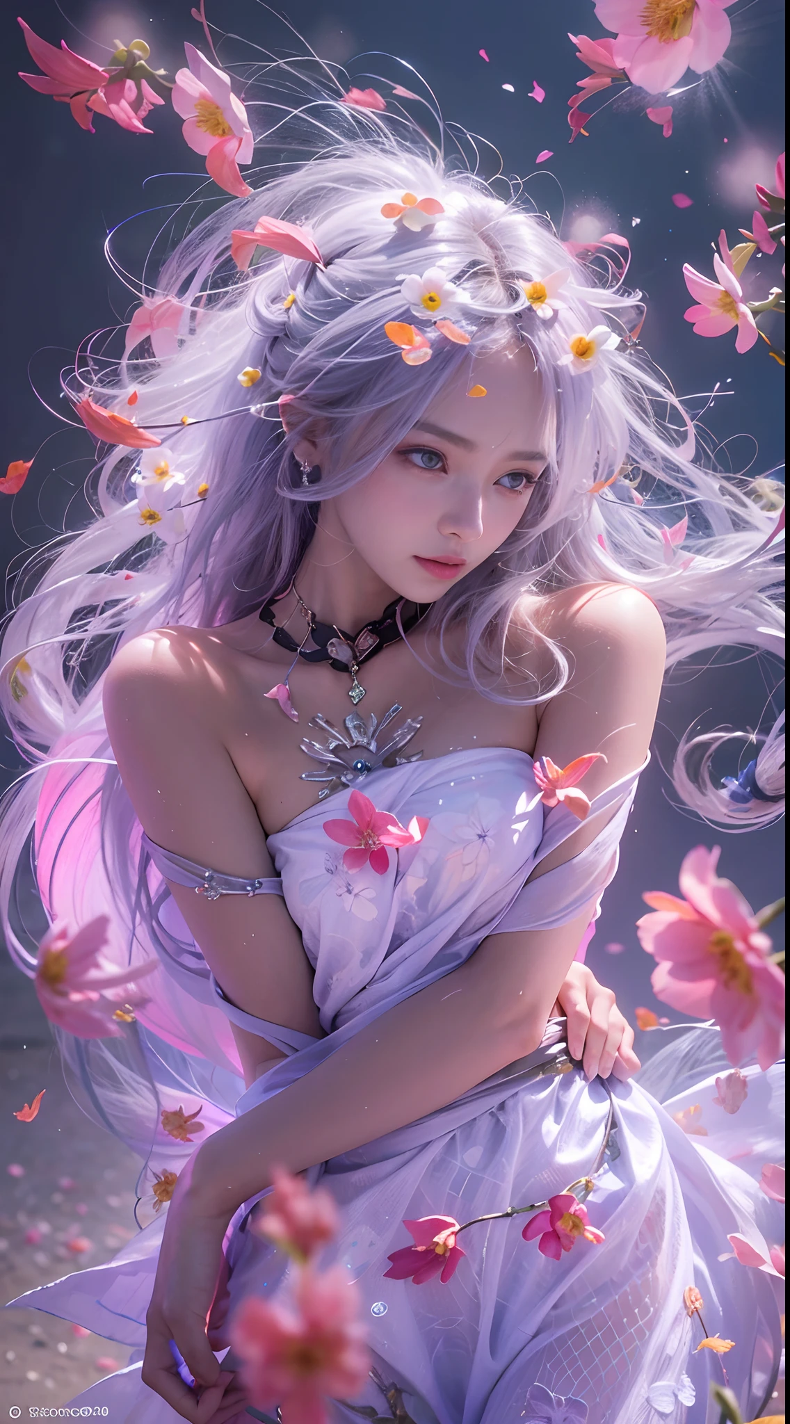 8k, 。...........3D, realista, Ultra Micro Photography, of the highest quality, Super detalle CG Unity 8k,Hermosa mujer con gotas de agua,neon light,fondo aleatorio,Salida del sol,Bokha mood, cabello largo y suelto,The petals fall in the wind,Nikon Photo Effect