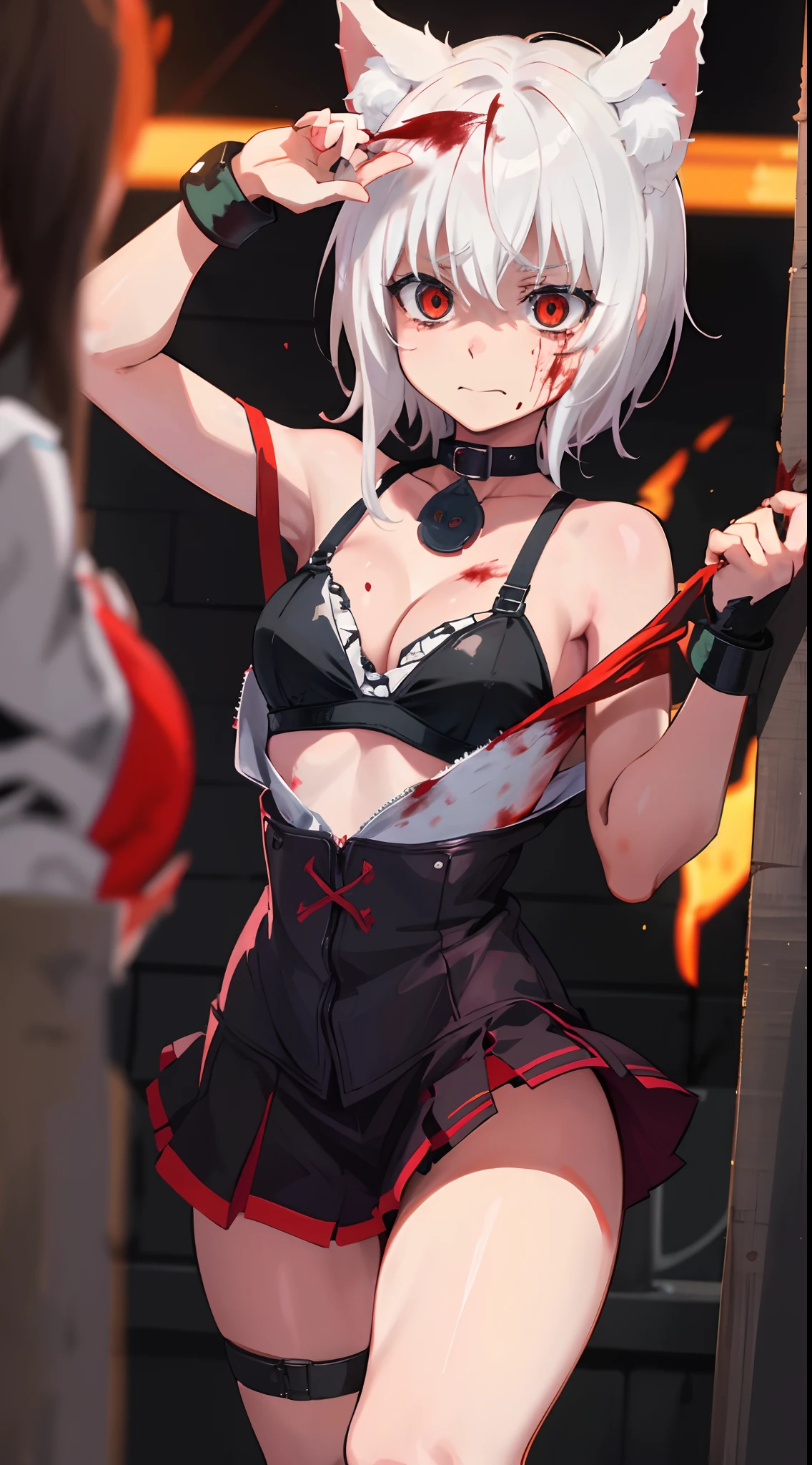 Best Quality, (Masterpiece:1.2), High Detailed, Cat Ears, 1girl, solo, tojo koneko, looking at the viewer, closed mouth, light smile, red eyes, white hair, short hair, hair decoration, cleavage, black neckband, erotica, sleeveless, (close-up), bare legs, (((bloody, scared, blood))), healthy skin, ((bra)), ((punished, punishment, pain, bdsm)), (prison cell), glowing eyes.