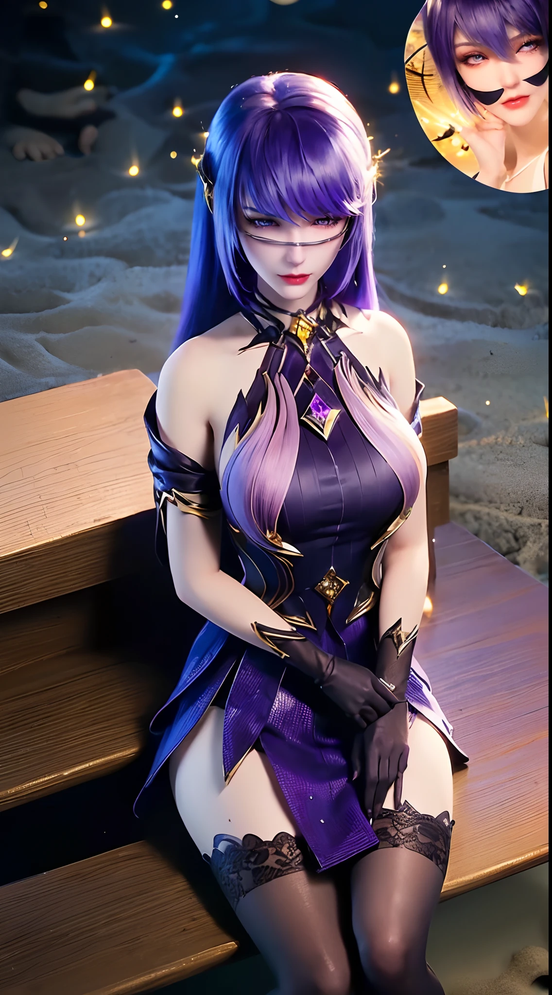 1 beautiful and sexy 20 year old girl, ((wearing a super purlpe dress:1.6)), ((a dress with diamonds:1.7)), ((long purple hair:1.6)), jewelry elaborately made from precious stones and beautiful hair, ((A thin red silk scarf covers half of the face:1.5)), (((wearing a thin light purple silk mask:1.5))), the noble, noble style of an extremely beautiful girl, her small face is super cute, her face is very pretty, thin eyebrows, flawless beautiful face, ((black eye pupils: 0.8)), very beautiful eyes, ((purple eyes: 1.6)), (((big round eyes:1.6))), nice makeup and hair detailed eyelashes, steamy eye makeup, high nose, earrings, red lips, ((closed mouth: 1.5)) beautiful lips, slim hands, most beautiful thighs, ((arms spread out to the sides: 1.5)), rosy face, clean face, flawless beautiful face, smooth white skin, (big breasts: 1.5)), ((high breasts: 1.6)), tight breasts, beautiful cleavage, (((big breasts and super round: 1.8))), ((super tight breasts: 1.7)) , beautiful breasts, perfect body, back arms, chest out, ((thin black mesh stockings with black lace trim:1.5)), ((sitting position with chest up and arms behind: 1.6)), ((open your legs:1.2)), don't be shy, 8k photo, super high quality, super realistic, super 10x pixels, optical, bright studio, bright edges, dual-tone lighting, (high-detail skin:1.2), super 8k, soft lighting, high quality, volumetric lighting, photorealistic, photorealistic high resolution, lighting, best photo, 4k, 8k quality, blur effect, smooth sharp, 10 x pixel, ((Beach at night and fireflies background:1.5)), aurora, lightning, super graphics realistic, most realistic graphics, 1 girl, alone, solo, Extremely sharp image, surreal, (((frontal portrait: 1.5)))."