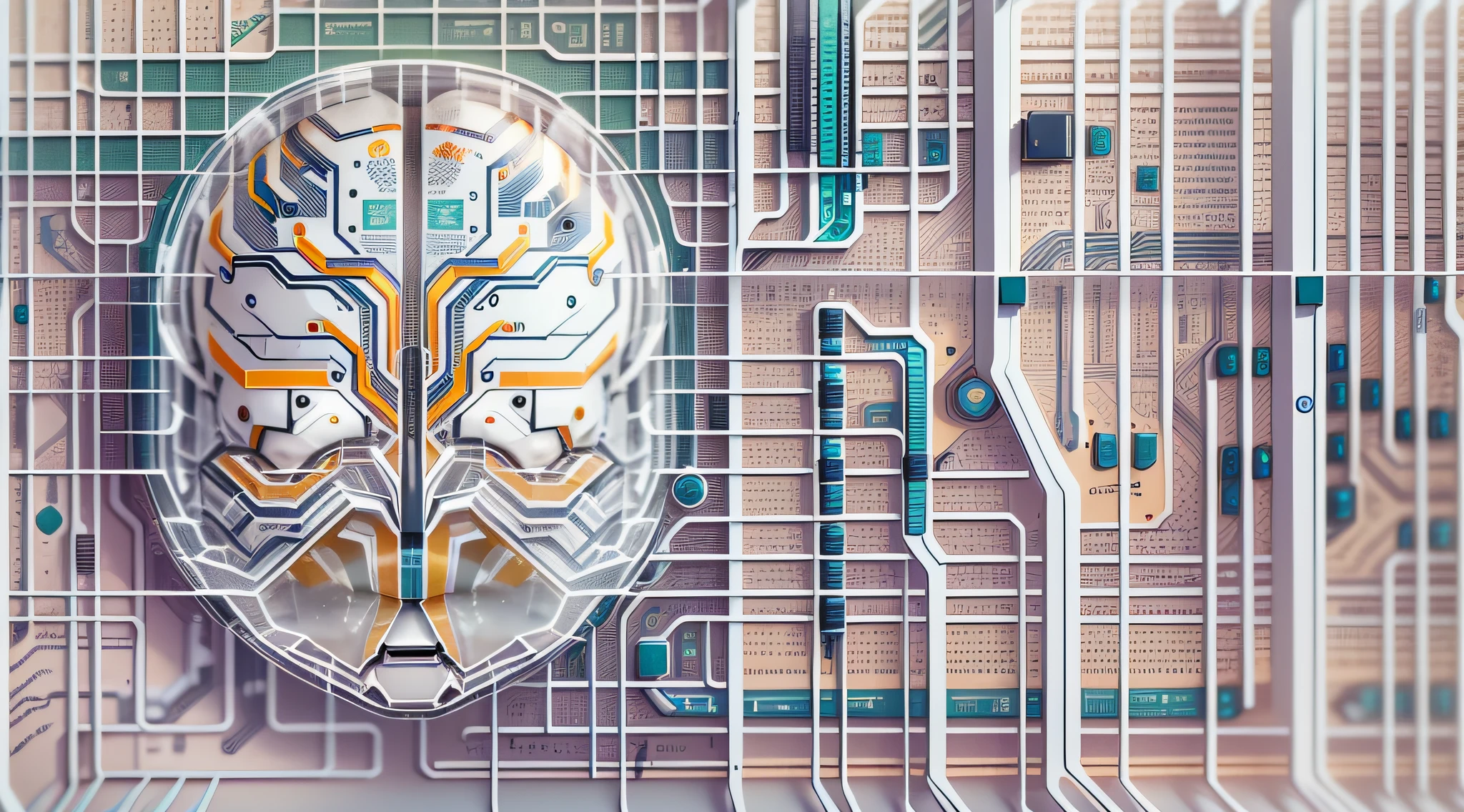 A human brain consisting of a circuit board and a pattern representing AI word processing, sci-fi style,white background,using opaque translucent and transparent structures, clear layers between structures,volumetric light, rich details, organic connection of components, rich colors,(Graphic illustration, geometric shapes, close-ups)