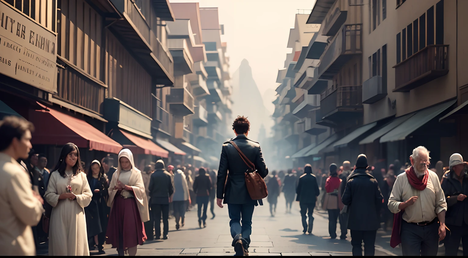 Subject: Timothée's Return to the Temple

Description:

Timothée, with a sense of anticipation, walks towards the temple.
The temple now appears more somber than before.
The crowd in the village is confused about the homeless old man's whereabouts.
Time of Day: Early evening, a sense of mystery in the air.

Type of Image: A moment of uncertainty and surprise.

Type of Lighting: Soft, fading daylight.

Color Detail: Muted, reflecting the changing mood.

Art Styles: Transitioning to a more mysterious tone.

Art Inspirations: Enigmatic settings, the unknown.

Environment: The temple surroundings, now with an air of mystery.

Camera Shot: Medium shot showing Timothée and the crowd.

Camera Lens: Standard lens, capturing the uncertainty in the crowd's expressions.

Render Related Information: Highlight Timothée's concern and the crowd's confusion.

Action Reference: Timothée's determined walk and the villagers' discussions.

Aspect Ratio: Standard comic book panel format.