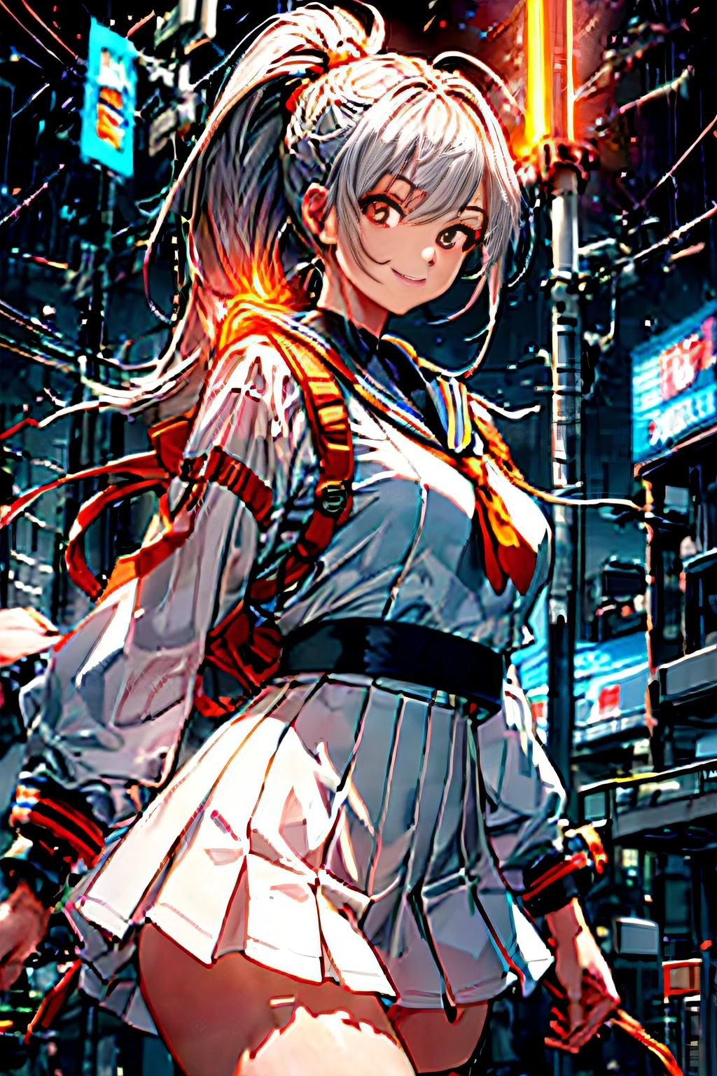 Cybernetic arm and glowing cyber girl,(J Women's Uniform,a sailor suit,White skirt,),Intense body movements,Add a motion blur effect to simulate motion,Stand on the streets of a desolate battlefield.Surrounded by a network of wires. Surrounded by a net of orange LED circuits. (Cyber Girl with Orange Glowing Sword:1.3), Shiny Silver Shorthair,disheveled ponytail,,Cute smile,Perfect round face,Black eyes,A cheerful smile that makes the viewer happy,Proper body proportion,Intricate details,Very delicate and beautiful hair,photos realistic,Dreamy,Professional Lighting,realistic shadow,Solo Focus,Beautiful hands,Beautiful fingers,Detailed finger features,detailed clothes features,Detailed hair features,detailed facial features,(masutepiece,top-quality,Ultra-high resolution output image,) ,(The 8k quality,),(Image Mode Ultra HD,),(Image Mode Ultra HD,),(Sea Art 2 Mode.1:1.3),Science fiction fantasy