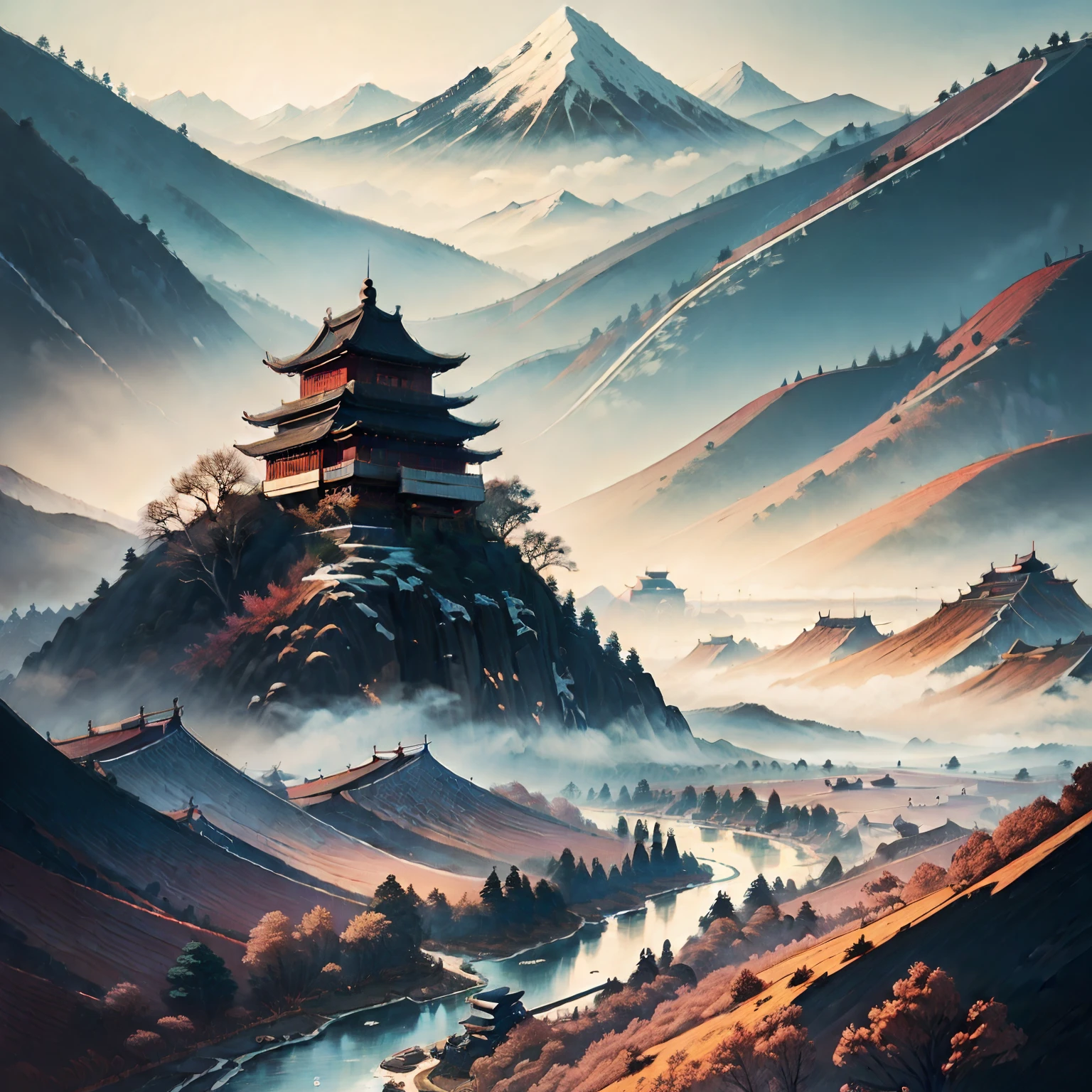 A mountain painting with a river and a village, Chinese painting style, inspired by Huang Binhong, Traditional Chinese Ink Painting, Chinese ink painting, Traditional Chinese painting, Traditional Chinese art, inspired by Zhang Shunzi, Chinese landscape, China ink painting, Chinese painting, inspired by Wang Shishen, inspired by Chang Dai-chien