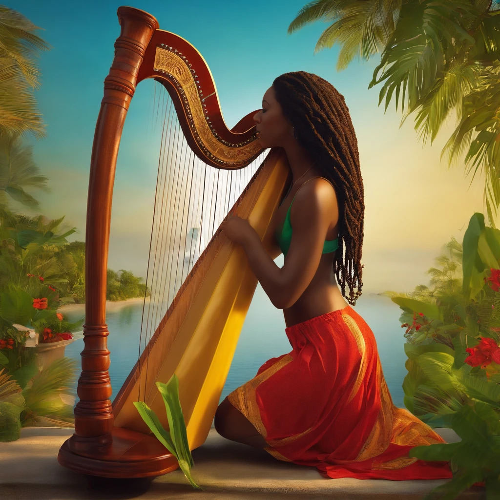 reggae girl playing on harp without cloth