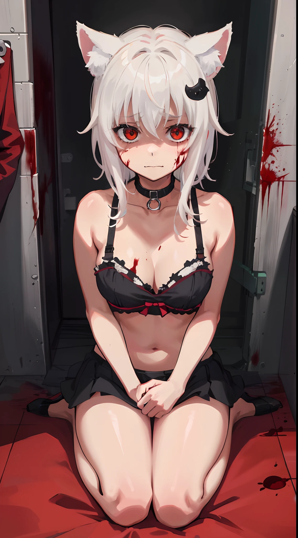 Best Quality, (Masterpiece:1.2), High Detailed, Cat Ears, 1girl, solo, tojo koneko, looking at the viewer, closed mouth, light smile, red eyes, white hair, short hair, hair decoration, cleavage, black neckband, erotica, sleeveless, (close-up), bare legs, (((bloody, scared, blood))), healthy skin, ((bra)), ((punished, punishment, pain)), (prison cell)