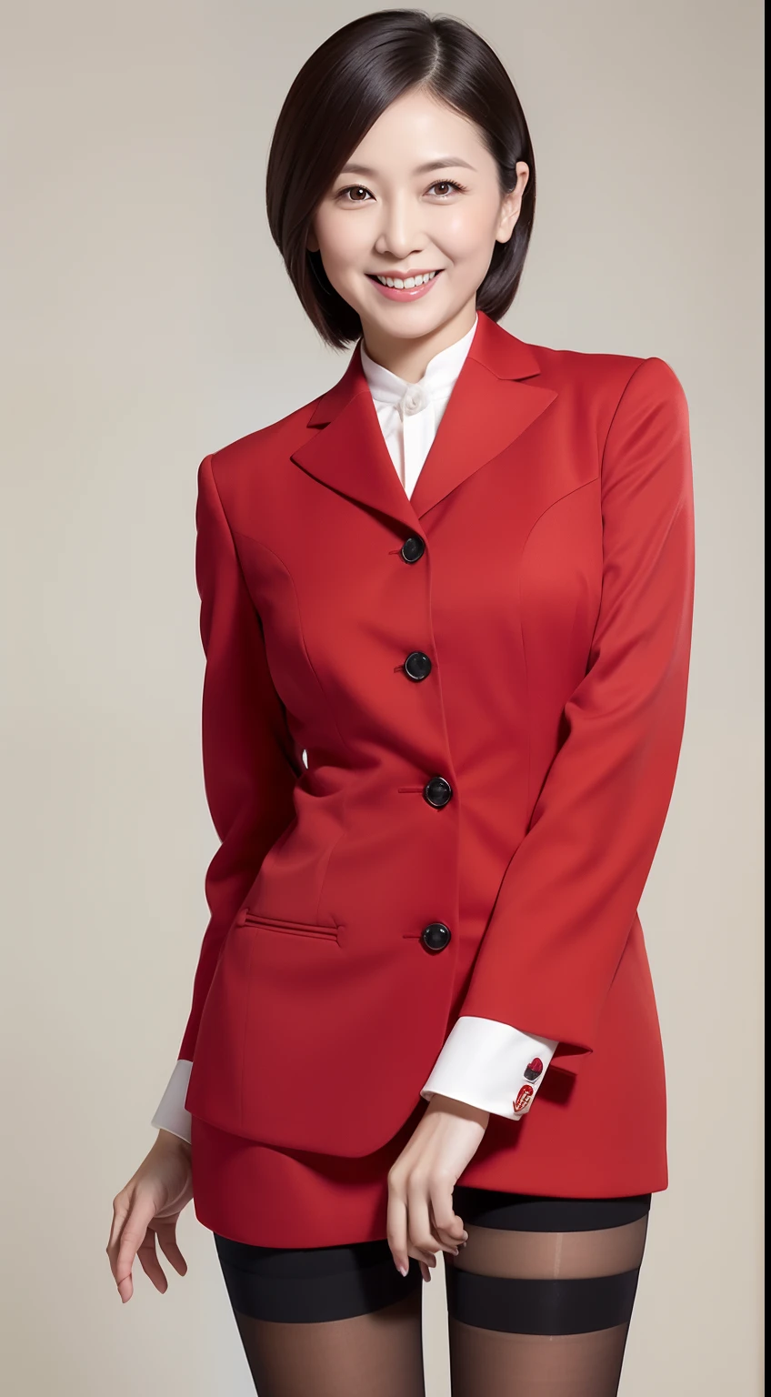 Arafed asian woman in a red suit and black stockings posing for a ...
