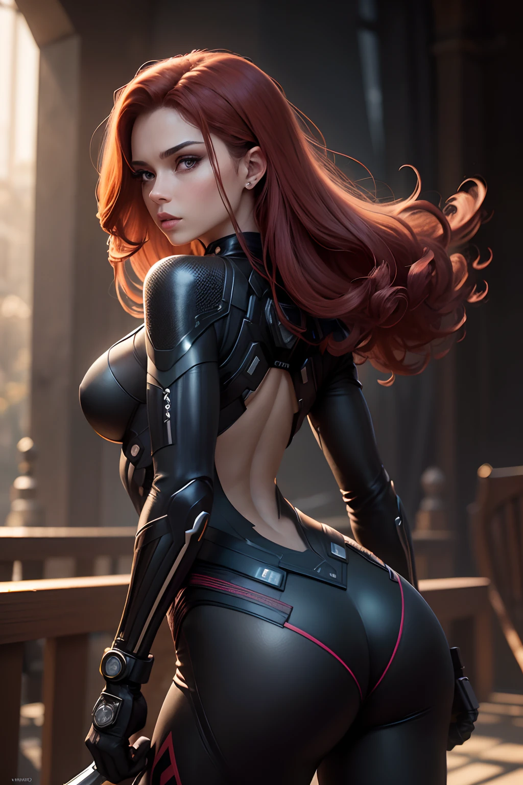1girl, corpo inteiro:1.1, Natasha Romanoff Black Widow style (Do Universo Marvel)fantasia, medium breasts, on an alien planet, (master part, melhor qualidade, textura detalhada da pele, textura de pano detalhada, rosto bonito e detalhado, detalhes intrincados, Ultra Detalhado), cabelos curtos e ondulados ruivos, corpo inteiro, sorrir, randome pose, ((Looking back)), de cima, Canto superior, (melhor qualidade, A high resolution, fotorrealista, primitivo, 8k,master part, ),melhor qualidade, masterpiec8K.HDR. Costelas altas:1.2, filmgrain, Desfoque Bokeh:1.2, Reflexo da lente, (cores vivas:1.2), (delicado),