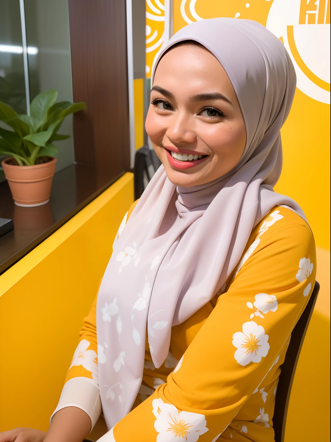 Malay woman in a white floral pattern baju kurung, in front of an yellow studio background, laughing, cute laugh, headshot profile picture, white hijab, full protrait, on a yellow canva, protrait, portrait shot, photo of young woman, photo of a woman, portrait, mid shot portrait, in yellow background