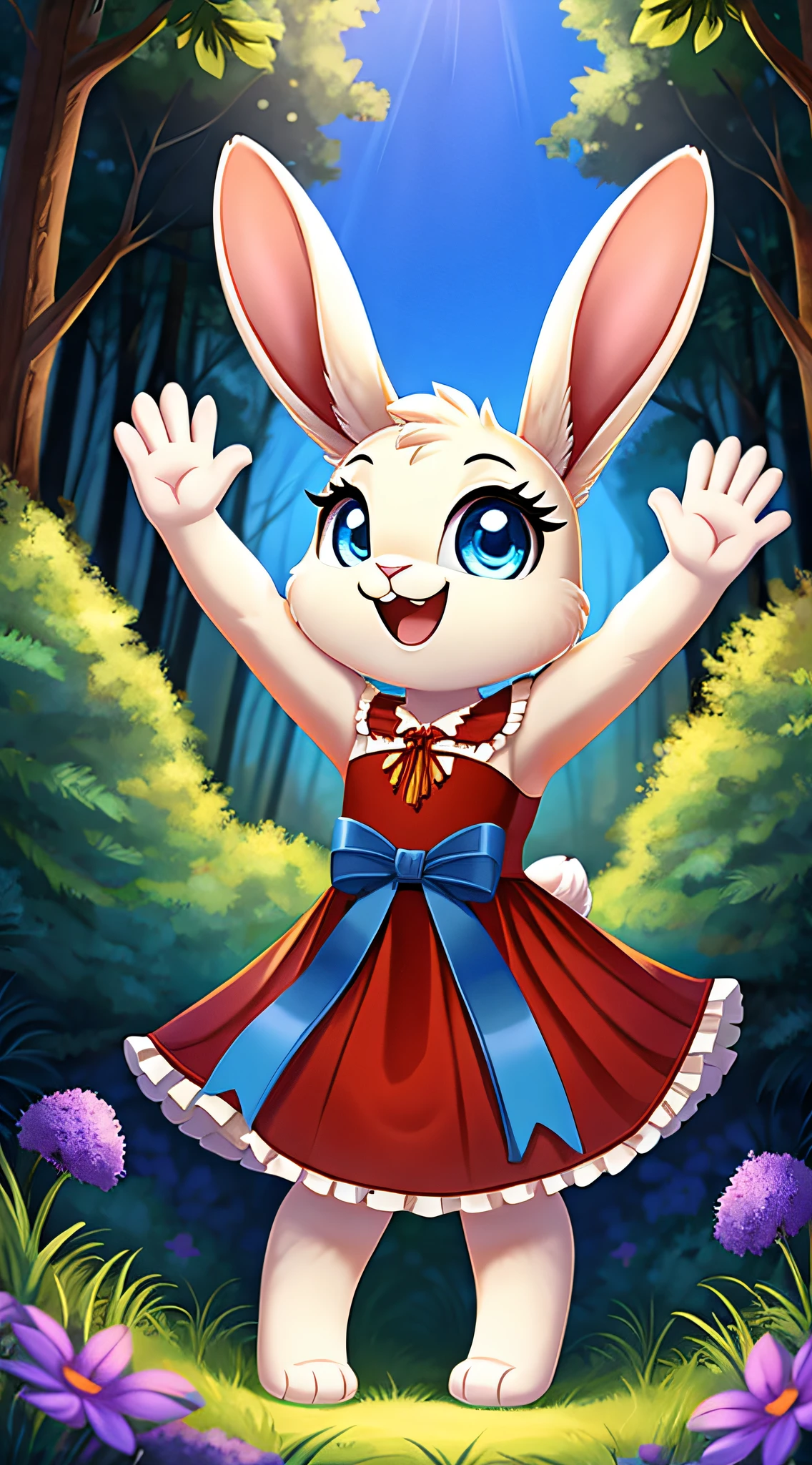 zoomed out image, fantasy style art, cute, adorable, short character, small, tiny little fluffy female white bunny with blue eyes, 4 ears, 2 extra ears, big floppy ears, long ears, ears perked up, raised ears, long eyelashes, poofy rabbit tail, wearing a red frilly ribbon dress, smiling, standing in a forest, big expressive smile, waving hello, one hand raised, one hand down, excited pose, happy to see you, open mouth, wide eyes, excited eyes, excited face, stunning visuals, sunlight coming through the trees, purple flowers scattered in the bushes, digital illustration