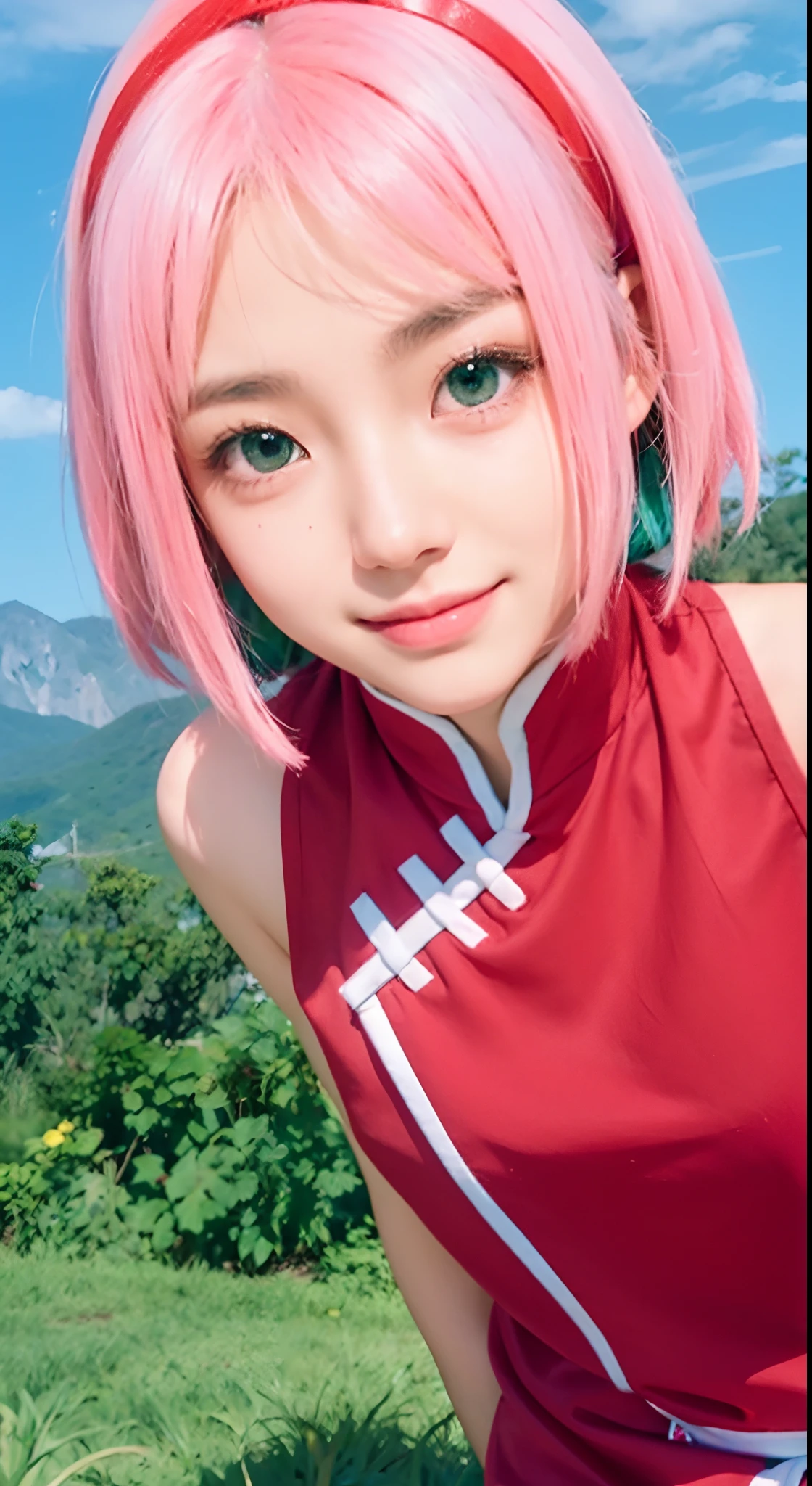 Real life adaption of this character, asian teen beauty , realistic same hair, realistic outfit, realistic white pant,realistic light, realistic shadow, hyper realistic, realism, realistic background,(photorealistic:1.2),green eyes color,smile expression