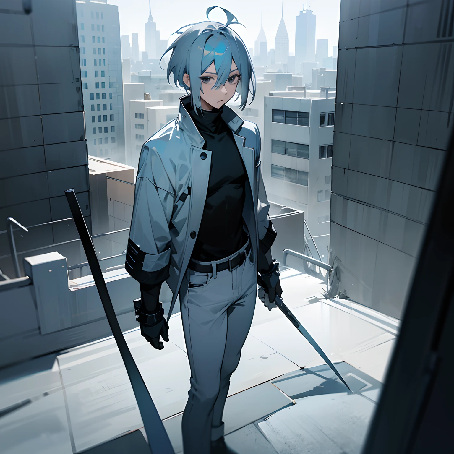 Greyish Blue hair , medium length hair , low bob cut , white modern turtleneck and blue jeans , Jujutsu Kaisen , Black eyes , city setting, standing, 1male , spiky hair , messy hair , white clothing