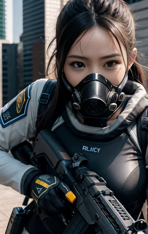 Highest image quality, outstanding details, ultra-high resolution, (realism: 1.4), ((close up:0.75, from front)), Photorealistic, highly condensed 1 lady, full body, aiming with an assault rifle, Combat pose, (Detailed face), looking to the camera, (cloths color black:0.4 white:0.5 other-color:0.1), (wearing rash-guard likes police uniform, gloves,black and gray mecha, wearing futuristic-gasmask, military harness, holding a machinegun, carrying hich-tech-backpack), background grey, Fingers are occluded